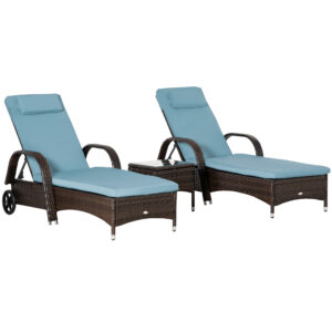 3 Pieces Wicker Patio Lounger Set with Table, Rattan Outdoor Lounge Chair Set with Cushions, Wheels, 5-Level Reclining Backrest, Headrest, Brown/Grey