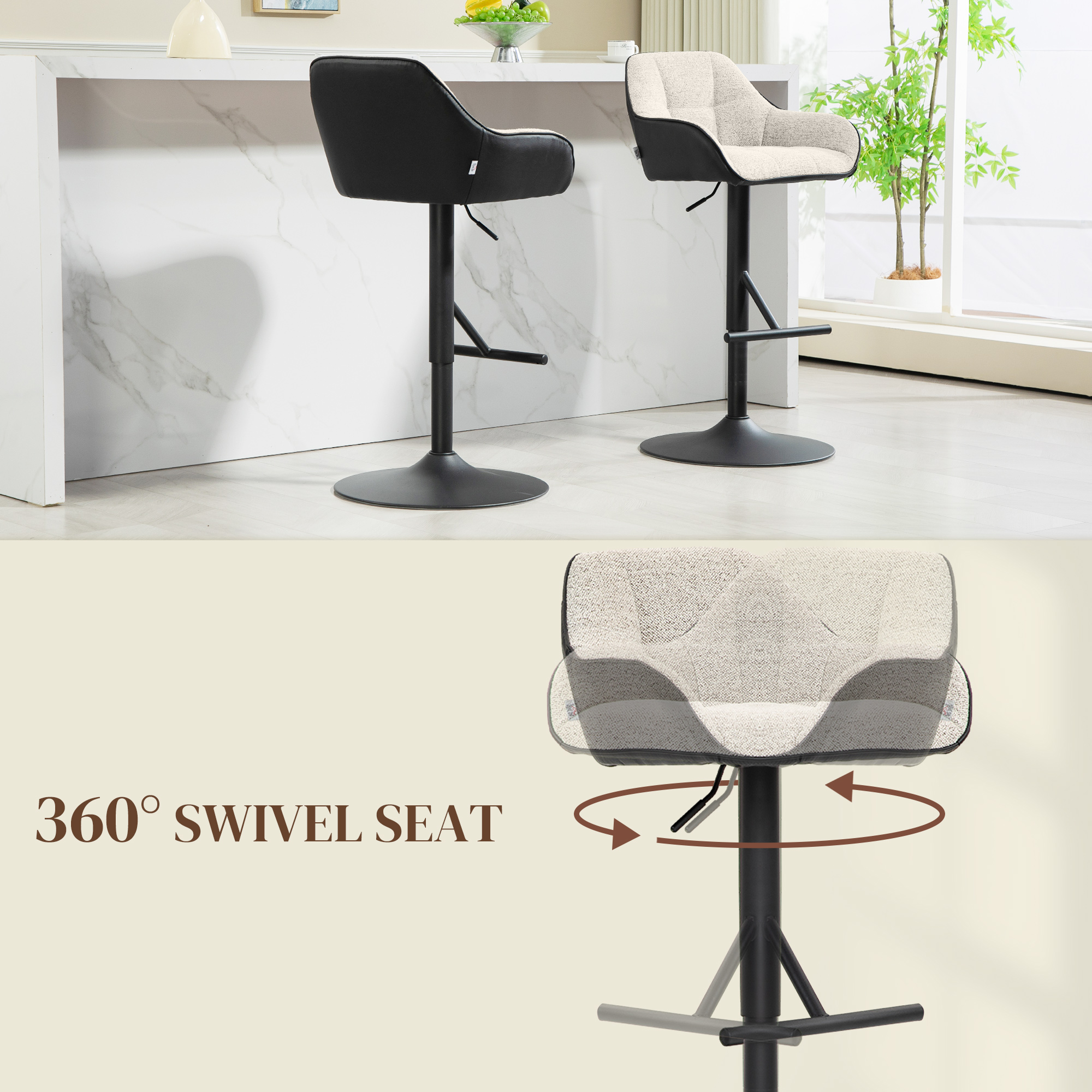 Bar Stools Set of 2, Swivel Counter Height Barstools with Back, Footrest, Armrests, Adjustable Height, Light Grey - Image 4