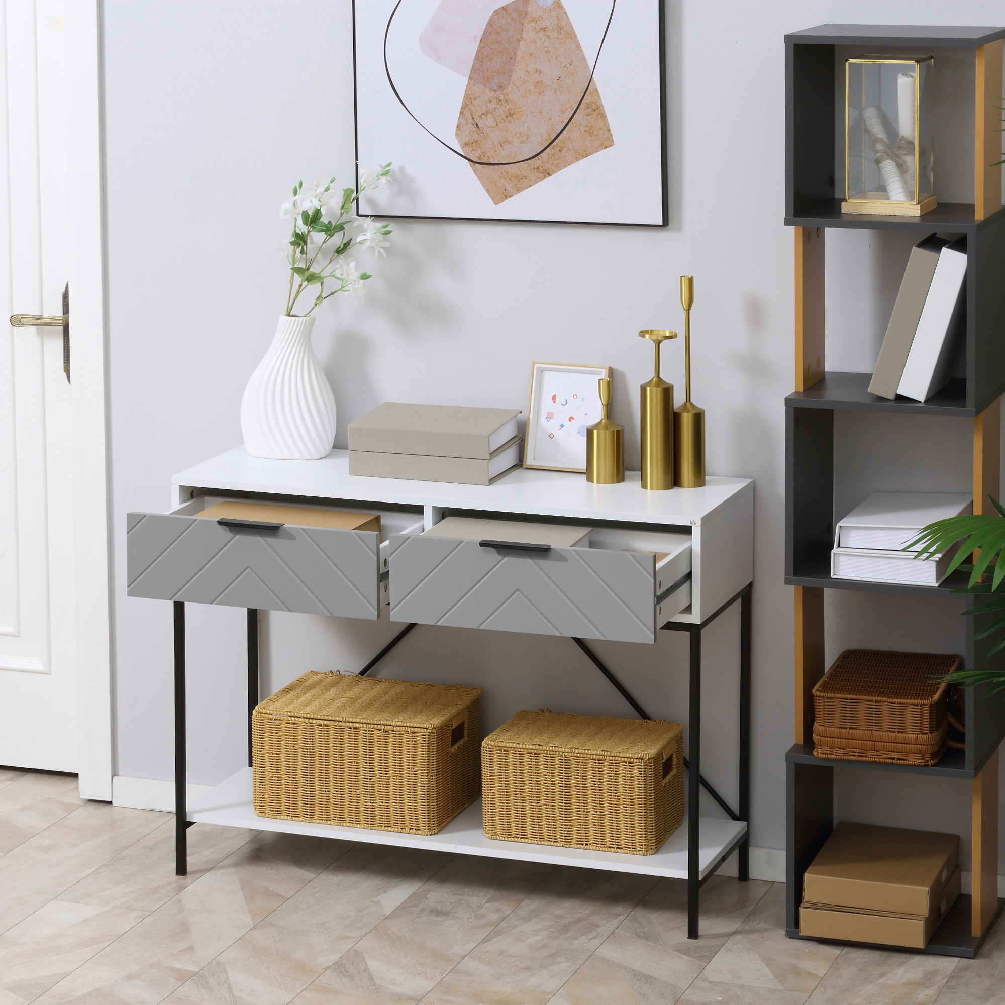 Modern Console Table with 2 Drawers, 2 Tier Entryway Table with storage Shelf, Narrow Sofa Table for Living Room, Hallway, White - Image 5