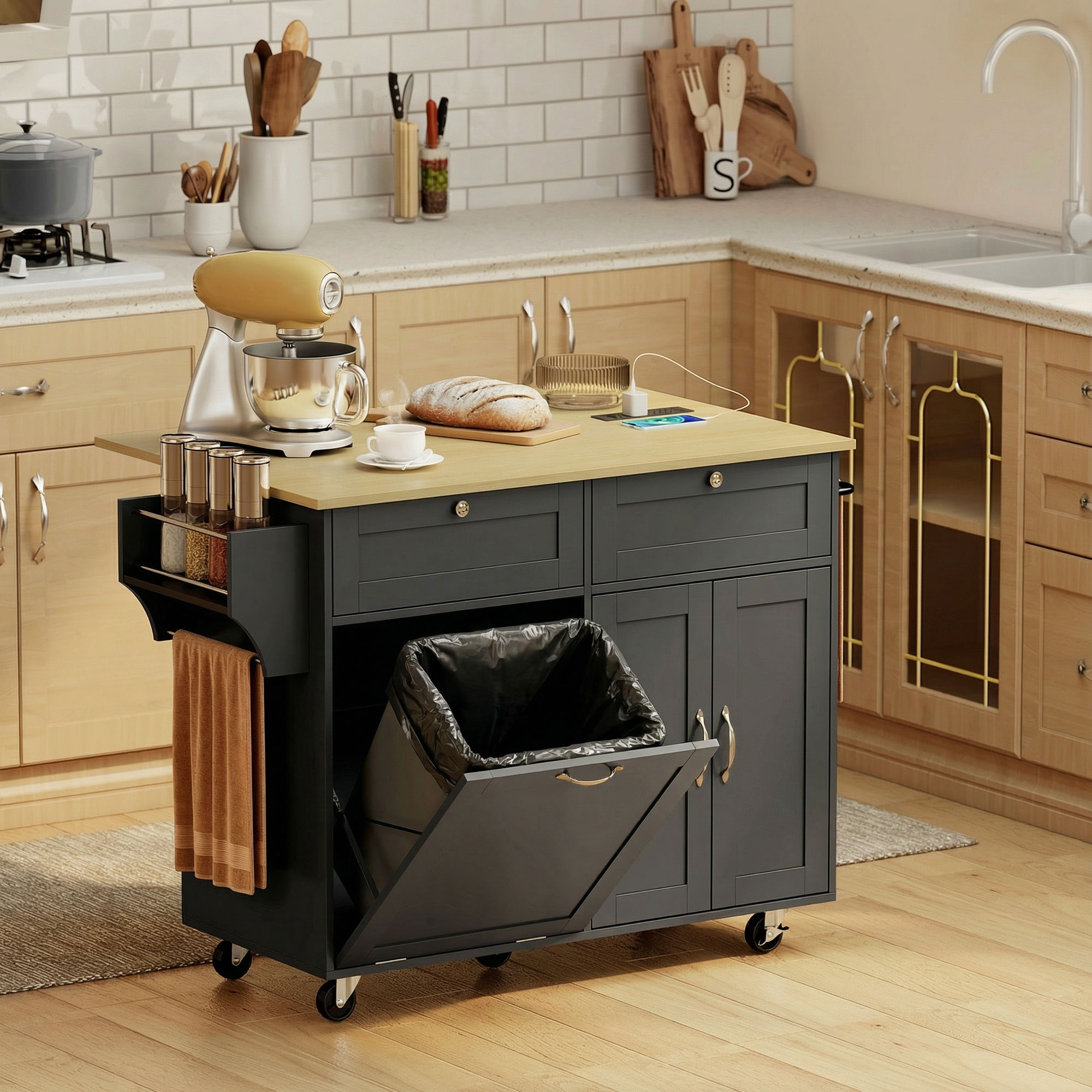Kitchen Island Cart with Charging Station and Drop Leaf, Kitchen Island Table on Wheels with Trash Can Cabinet, Black - Image 6