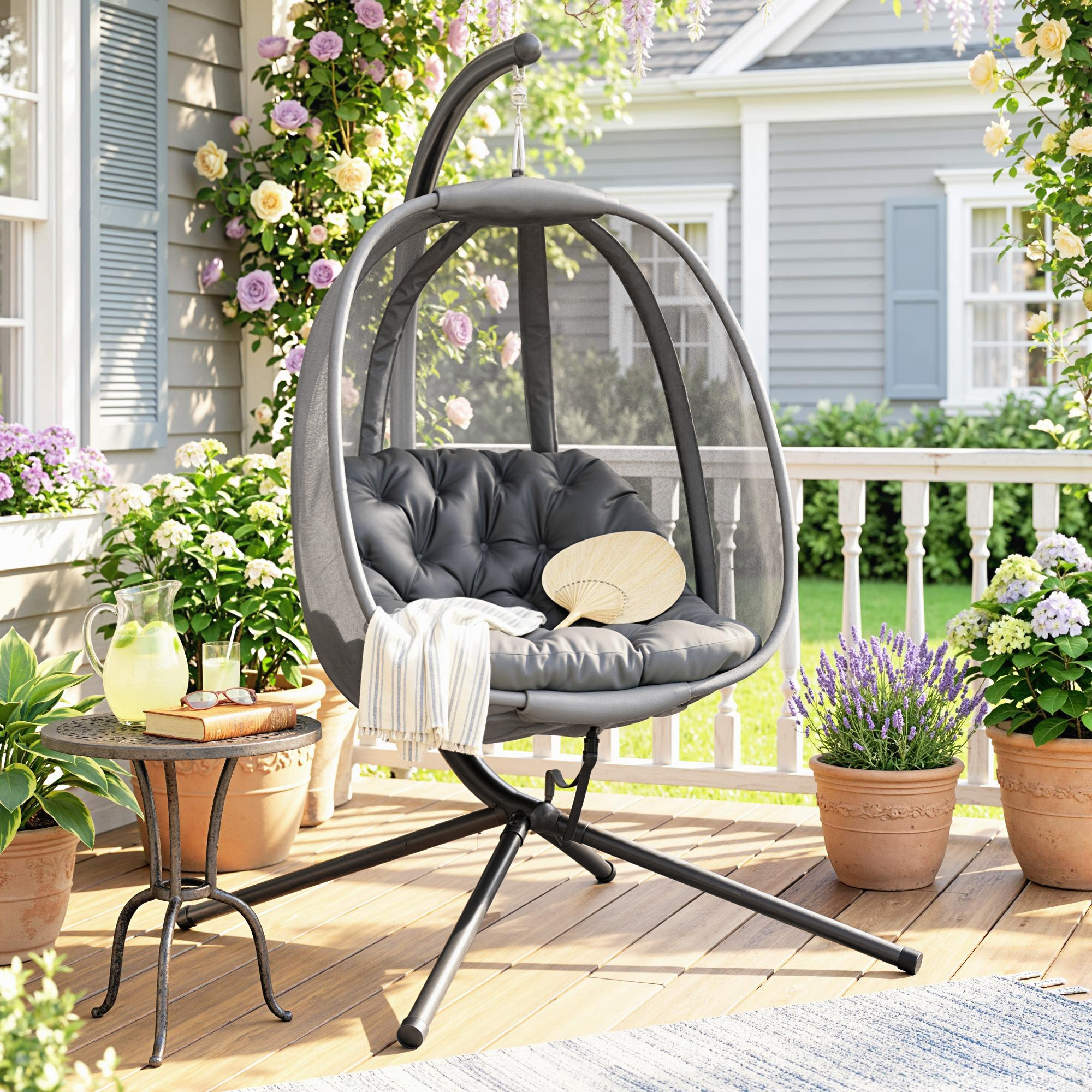 Hanging Egg Chair, Outdoor Indoor Swing Chair with Stand, Folding Basket and Thickened Cushion, Grey - Image 6