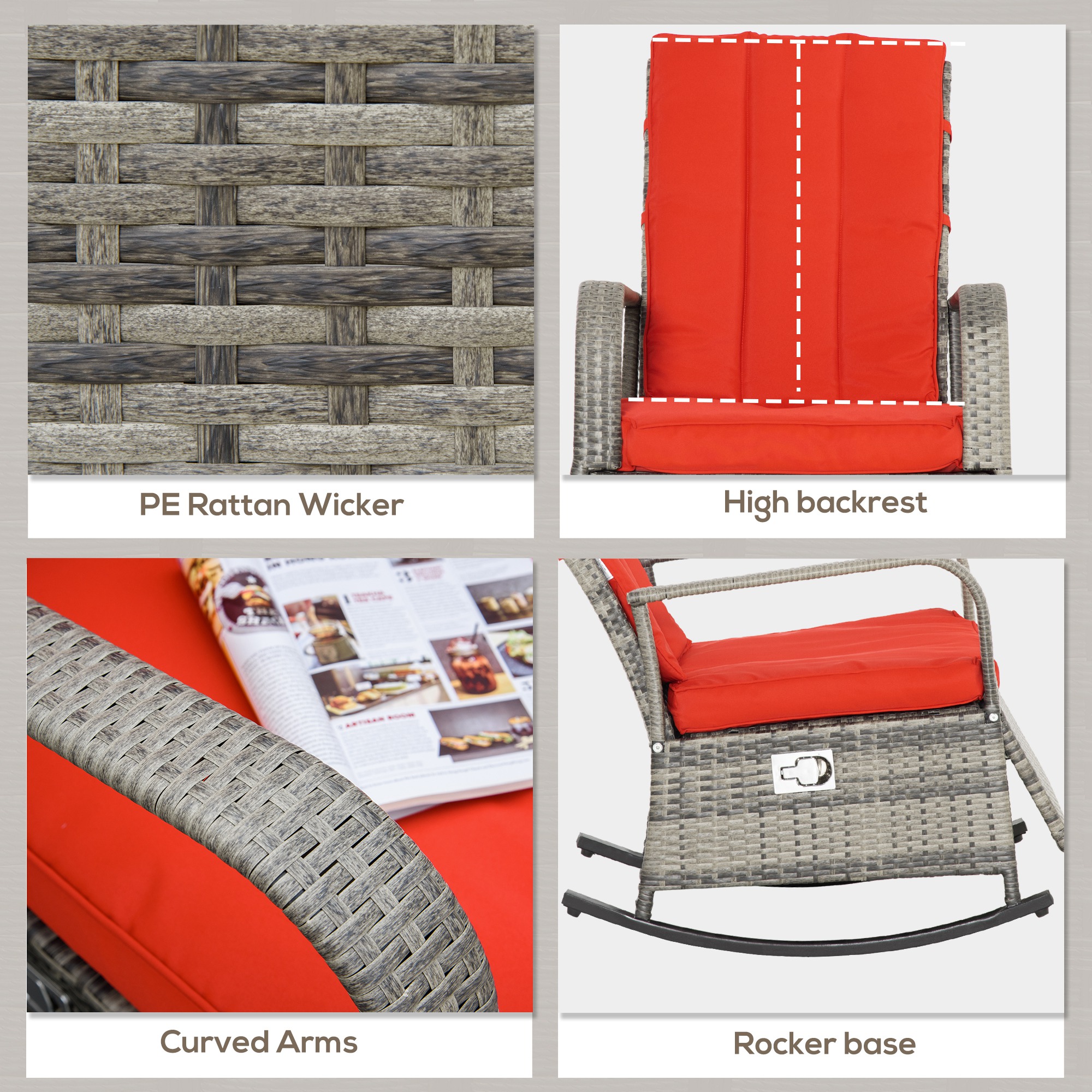 Outdoor Wicker Rocking Chair with Cushion, Patio PE Rattan Recliner Chair with Adjustable Footrest, Armrests, Red - Image 5