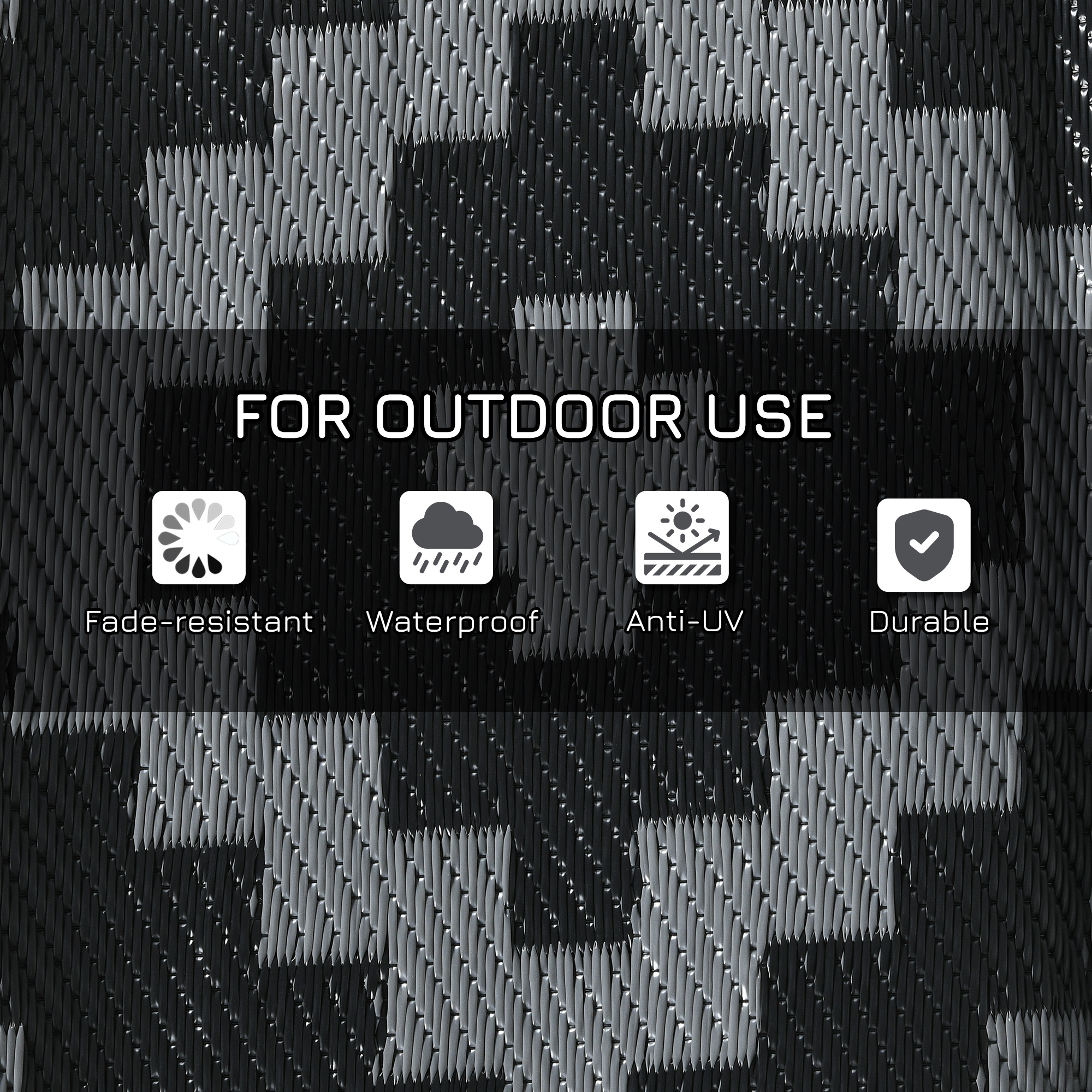 Reversible Outdoor Rug Waterproof Plastic Straw RV Rug with Carry Bag, 9' x 12', Black and Grey Geometric - Image 4