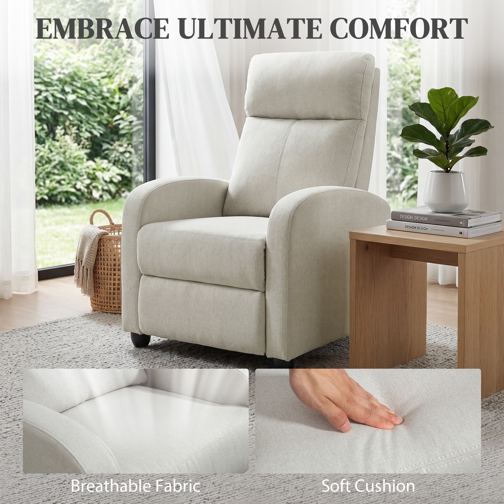 Fabric Recliner Chair Manual Home Theater Seating Single Reclining Sofa Chair with Padded Seat, Cream White - Image 3
