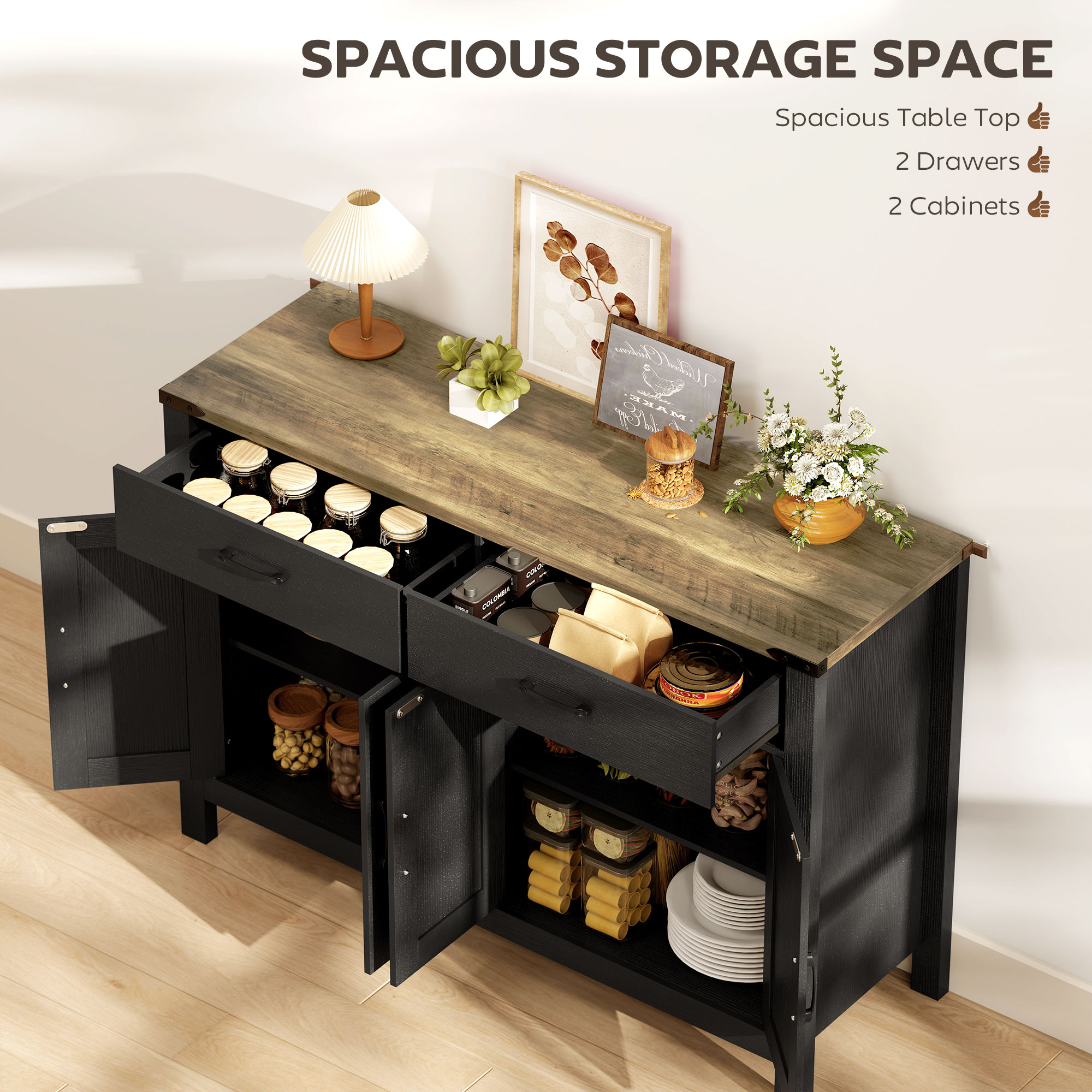 Sideboard Buffet Cabinet, Farmhouse Kitchen Storage Cabinet w/ 2 Drawers and Shelves for Living Room, Entryway - Image 2