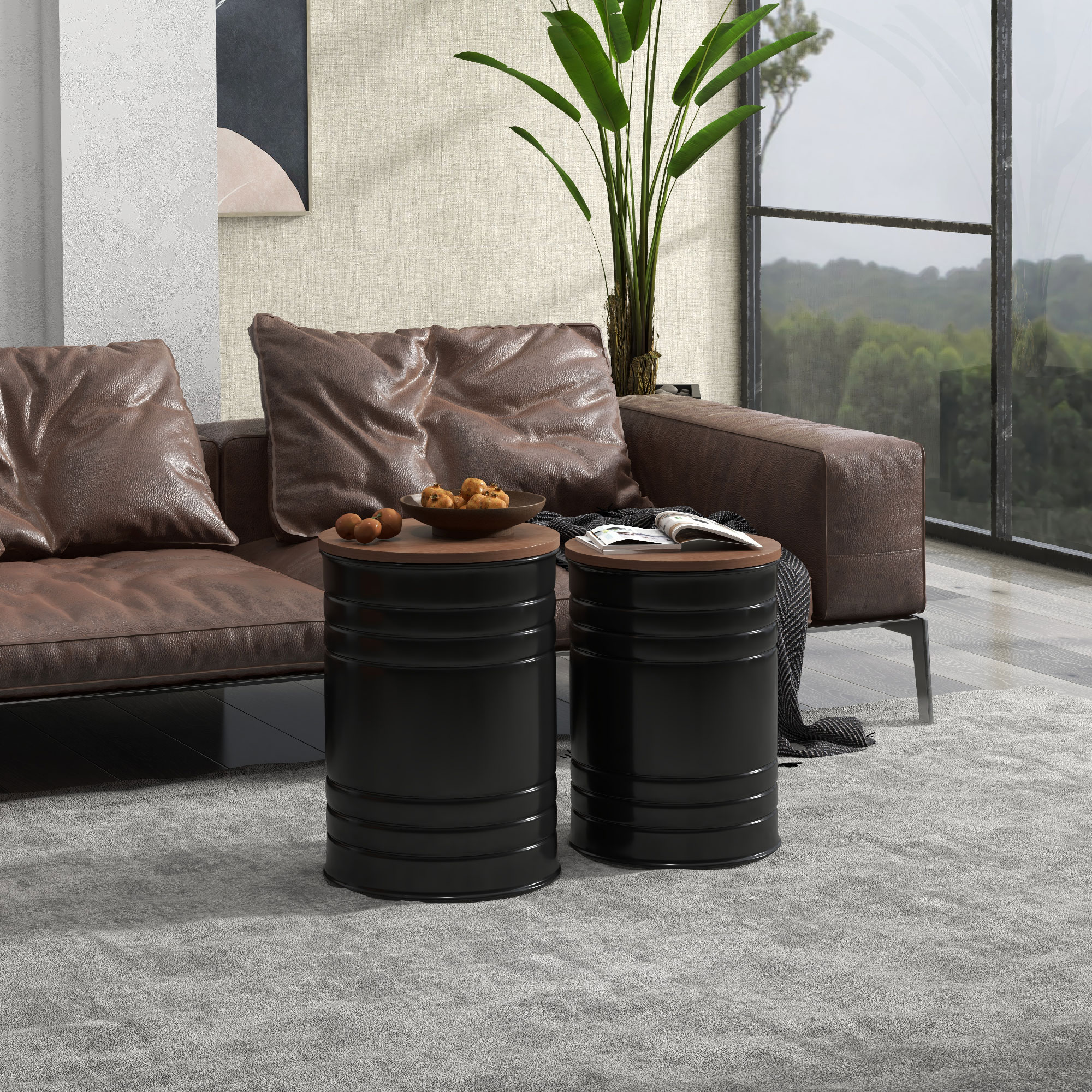 Round Side Table Set of 2, Nesting Coffee Tables w/ Wooden Lid, Metal Frame and Hidden Storage Space for Bedroom, Black - Image 6