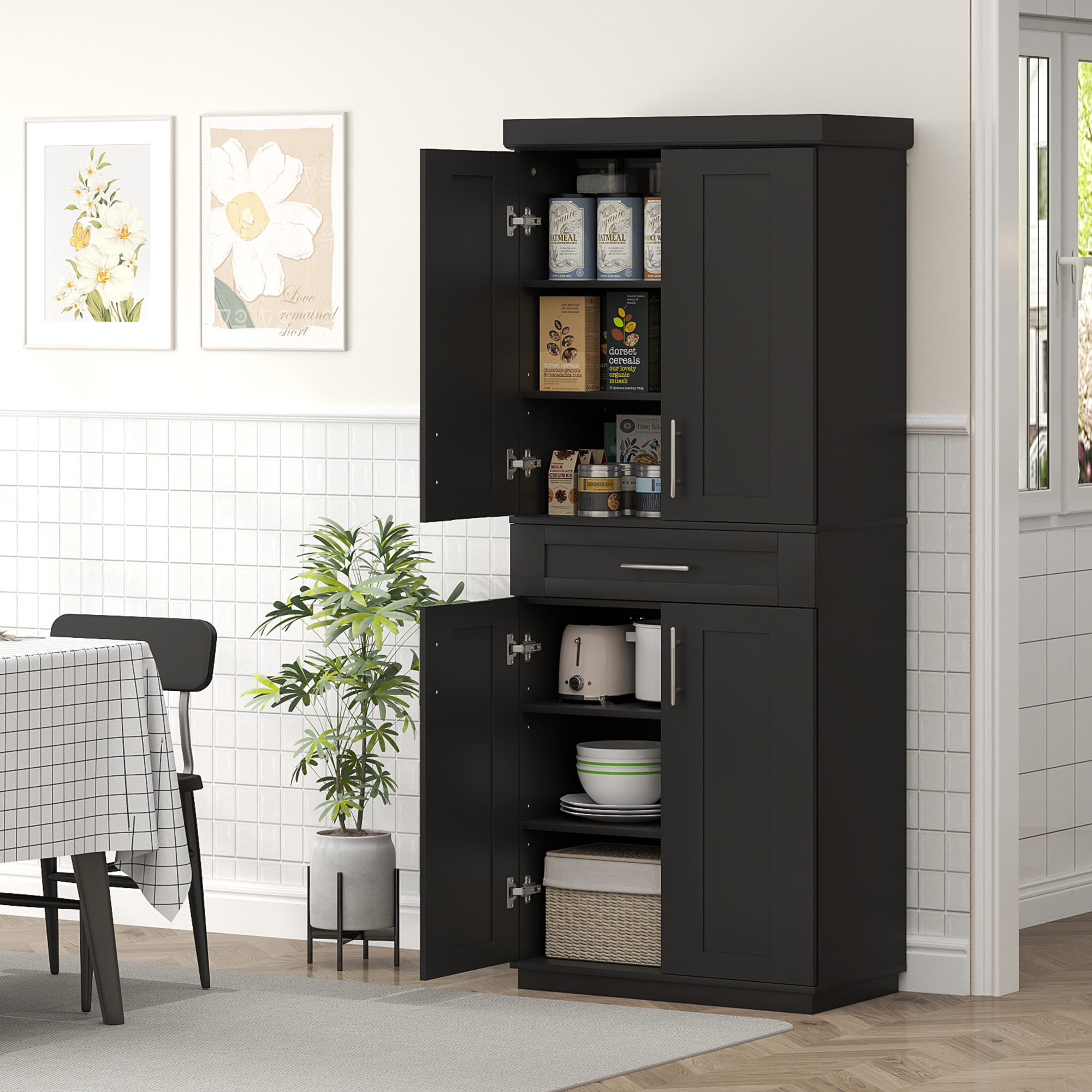 72" Storage Cabinet, Freestanding Kitchen Pantry Cabinet with 4 Doors, Drawer and 3 Adjustable Shelves, Black - Image 6