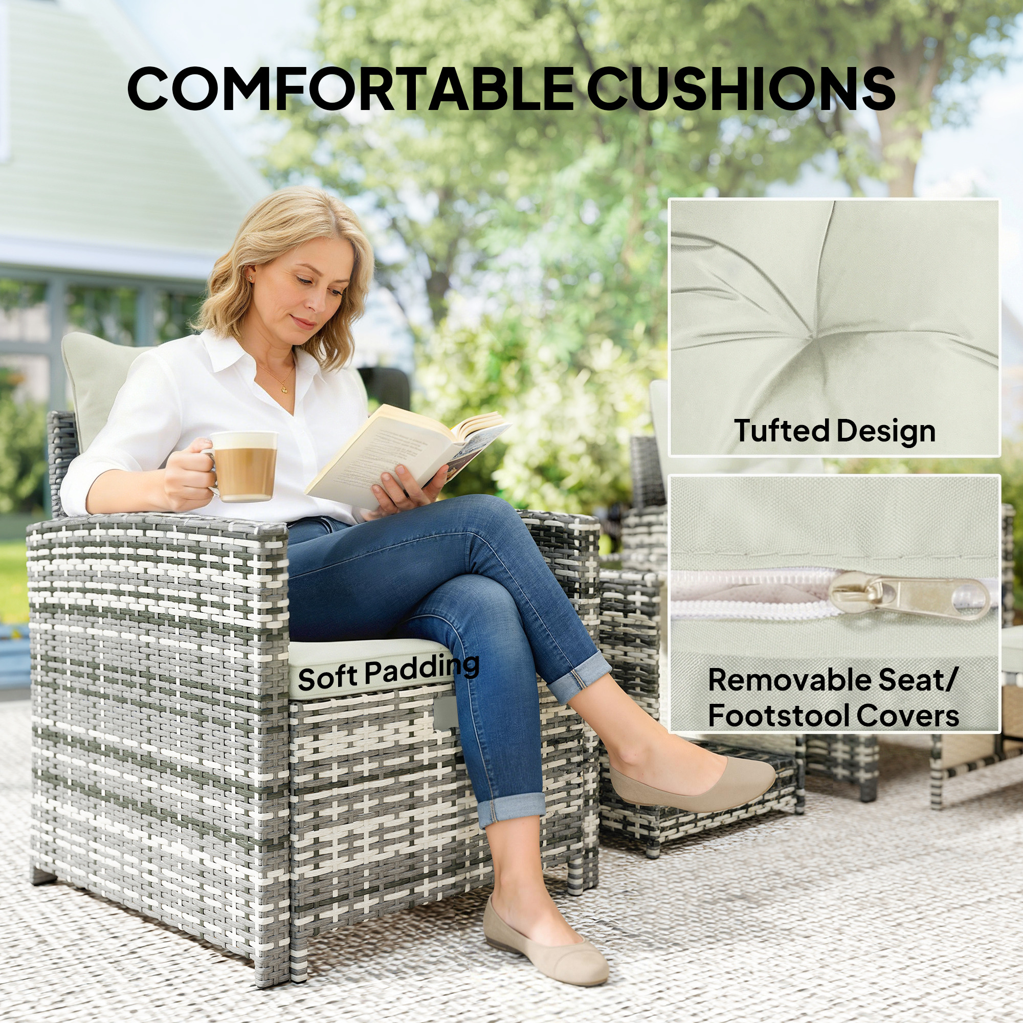 5 Piece Patio Furniture Set, Wicker Patio Chairs with Ottomans, 2-Tier Glass Coffee Table and Cushions, Grey/Cream White - Image 5