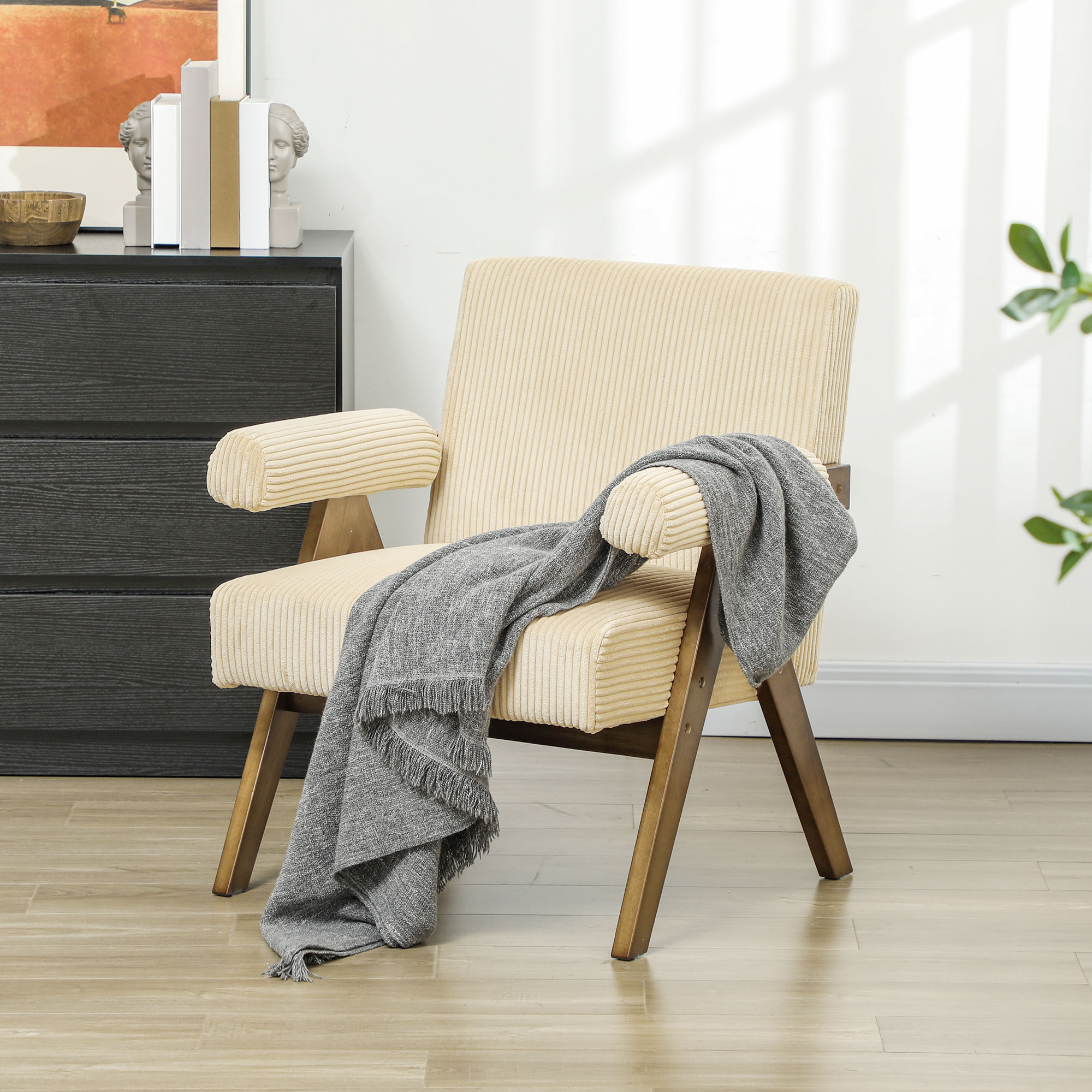Corduroy Accent Chair Armchair with Wide Seat and Soft Padded Armrests for Reading, Bedroom, Beige - Image 6
