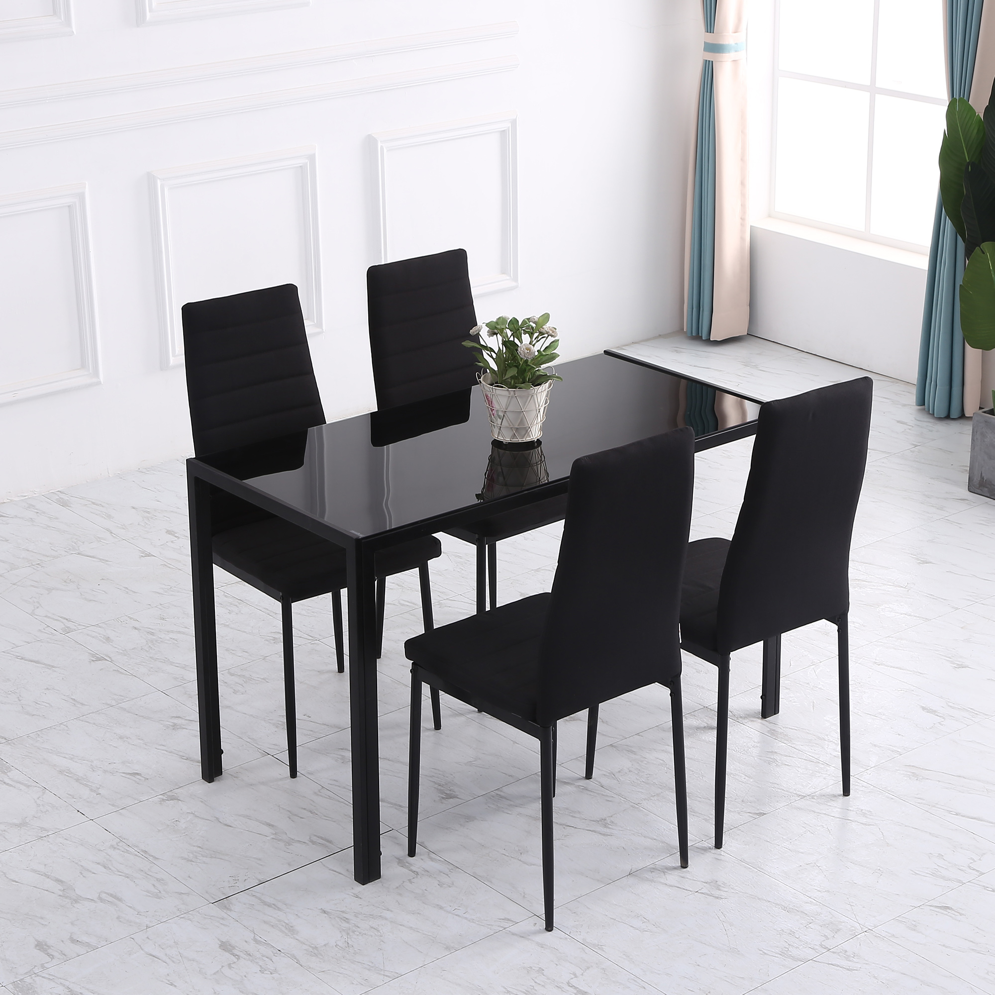 Modern Dining Chairs High Back Upholstered Linen Fabric with Metal Legs for Kitchen Black - Image 4