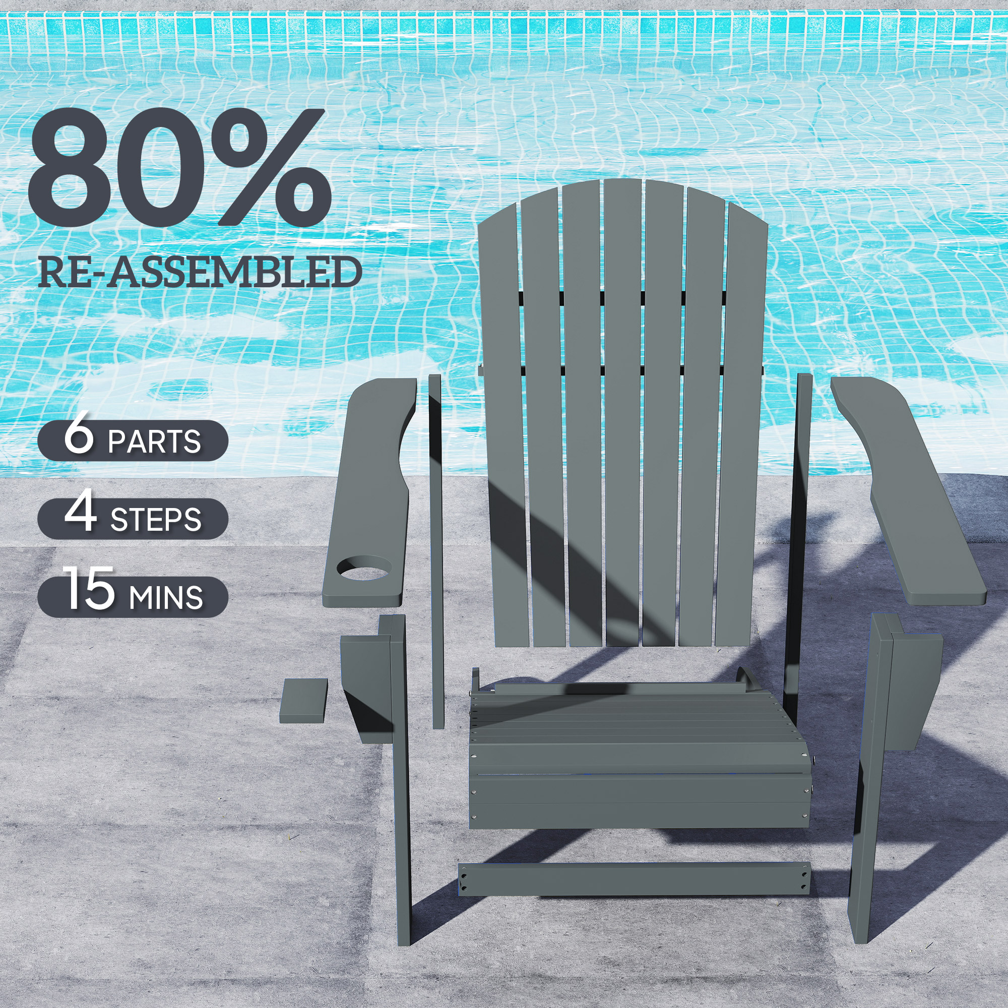 Classic Adirondack Chair, Muskoka Chairs, Garden Deck Chair with Cup Holder for Patio, Indoor, Backyard, Dark Grey - Image 3