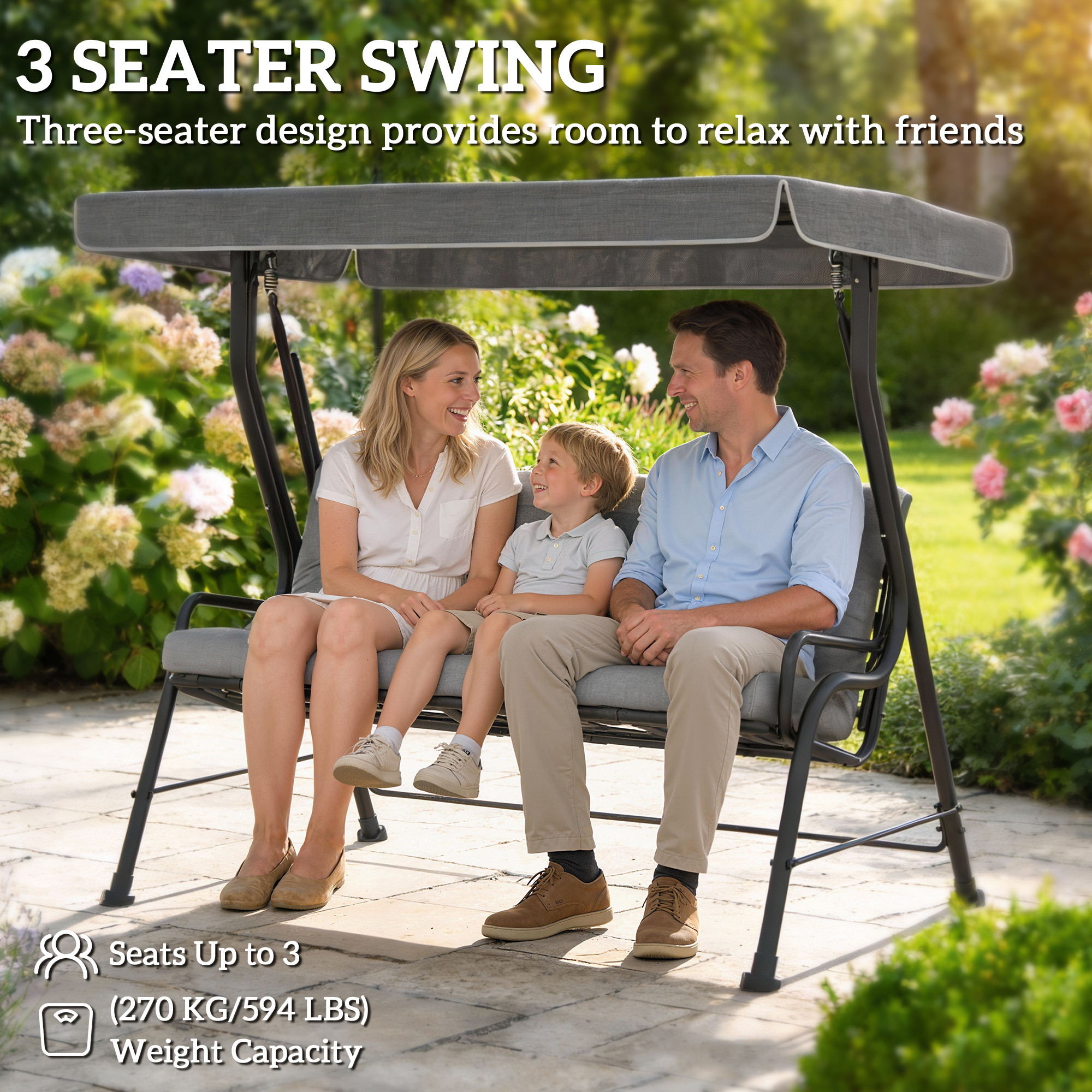 3-Person Patio Swing Chair with Canopy 3 Seater Porch Swing for Garden, Backyard, Poolside, Light Grey - Image 4