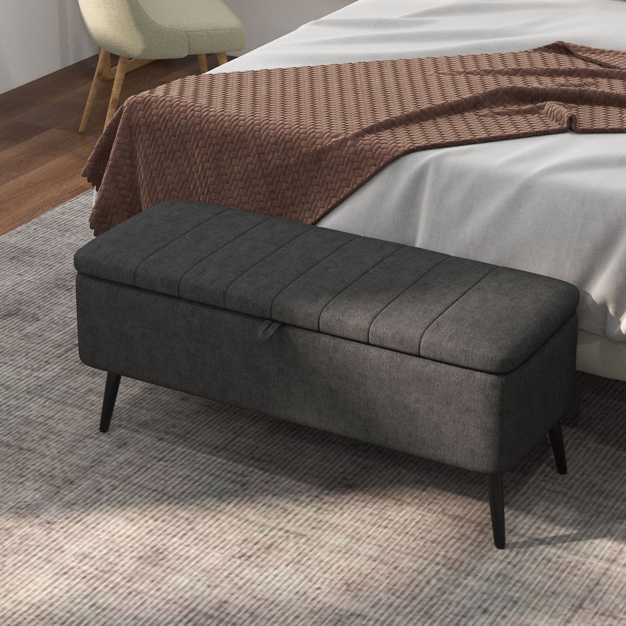40" Ottoman with Storage, Linen Upholstered Storage Ottoman Bench with Steel Legs for Living Room, Bedroom Black - Image 5