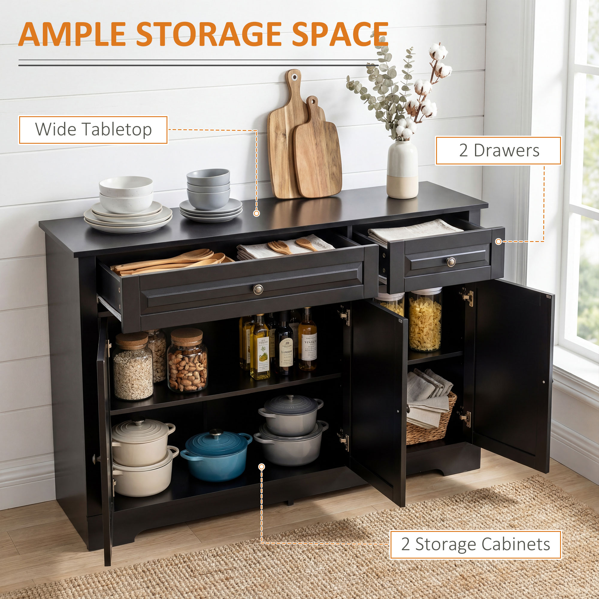Modern Sideboard Cabinet, Buffet Cabinet with 2 Drawers and Adjustable Shelves, Buffets Tables for Dining Room, Black - Image 2