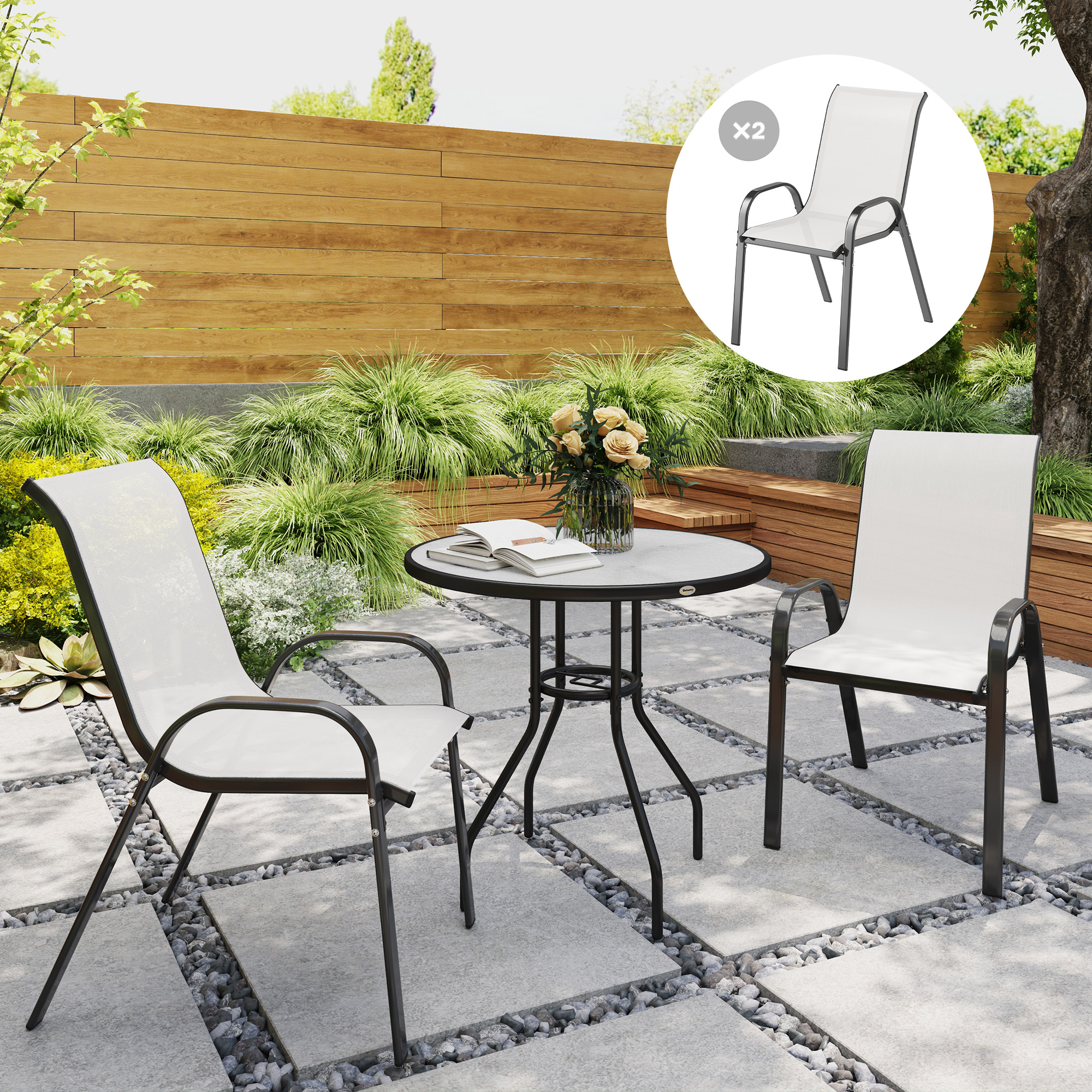 Set of 2 Outdoor Dining Chairs, Stackable Lawn Chairs with High Back, Breathable Mesh Seat for Garden Porch, Light Grey - Image 6