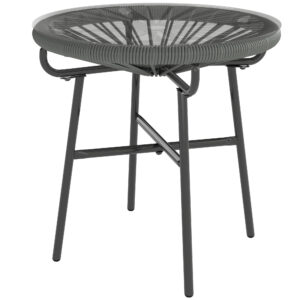Rattan Side Table, Round Outdoor Table, with Round PE Rattan and Tempered Glass Table Top for Patio, Garden, Dark Grey