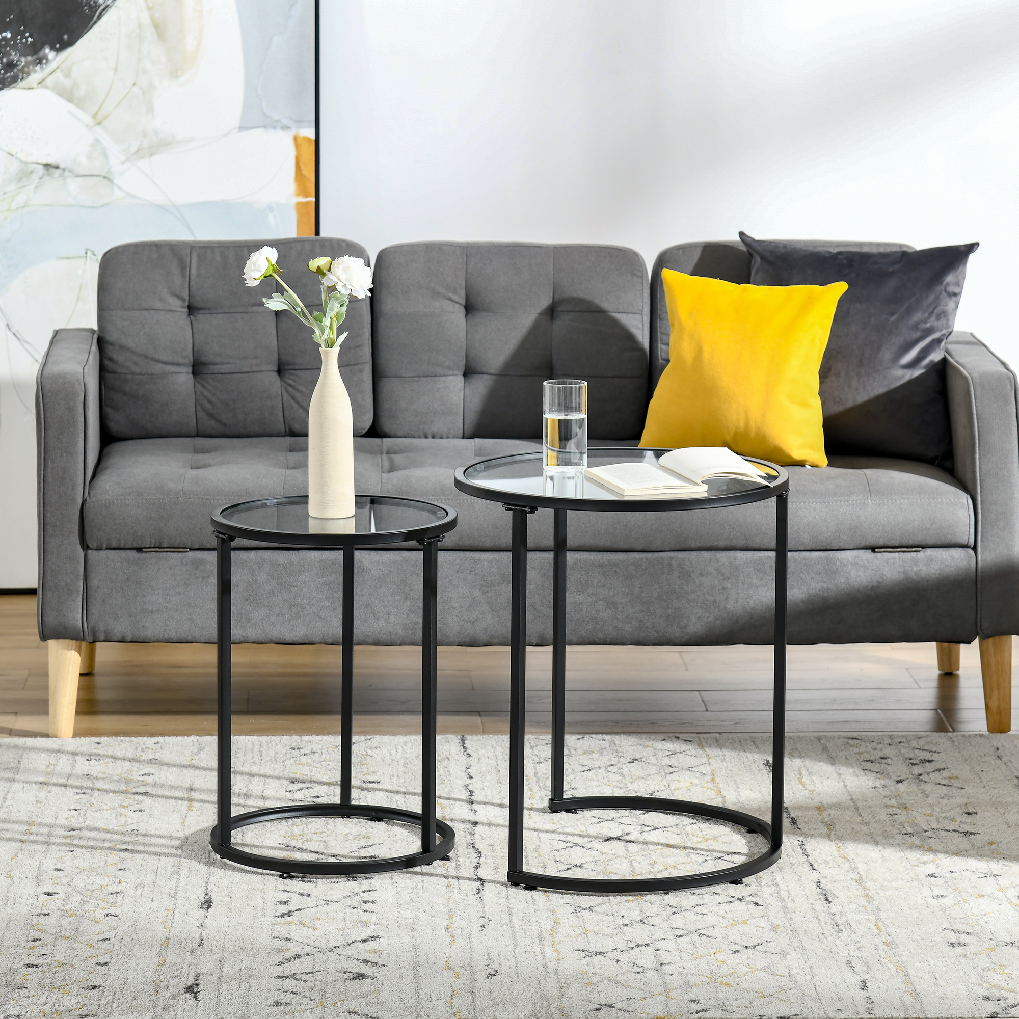 Set of 2 Nesting Coffee Tables with Metal Base, Round Side Table with Tempered Glass Tabletop for Living Room, Bedroom, Black - Image 6
