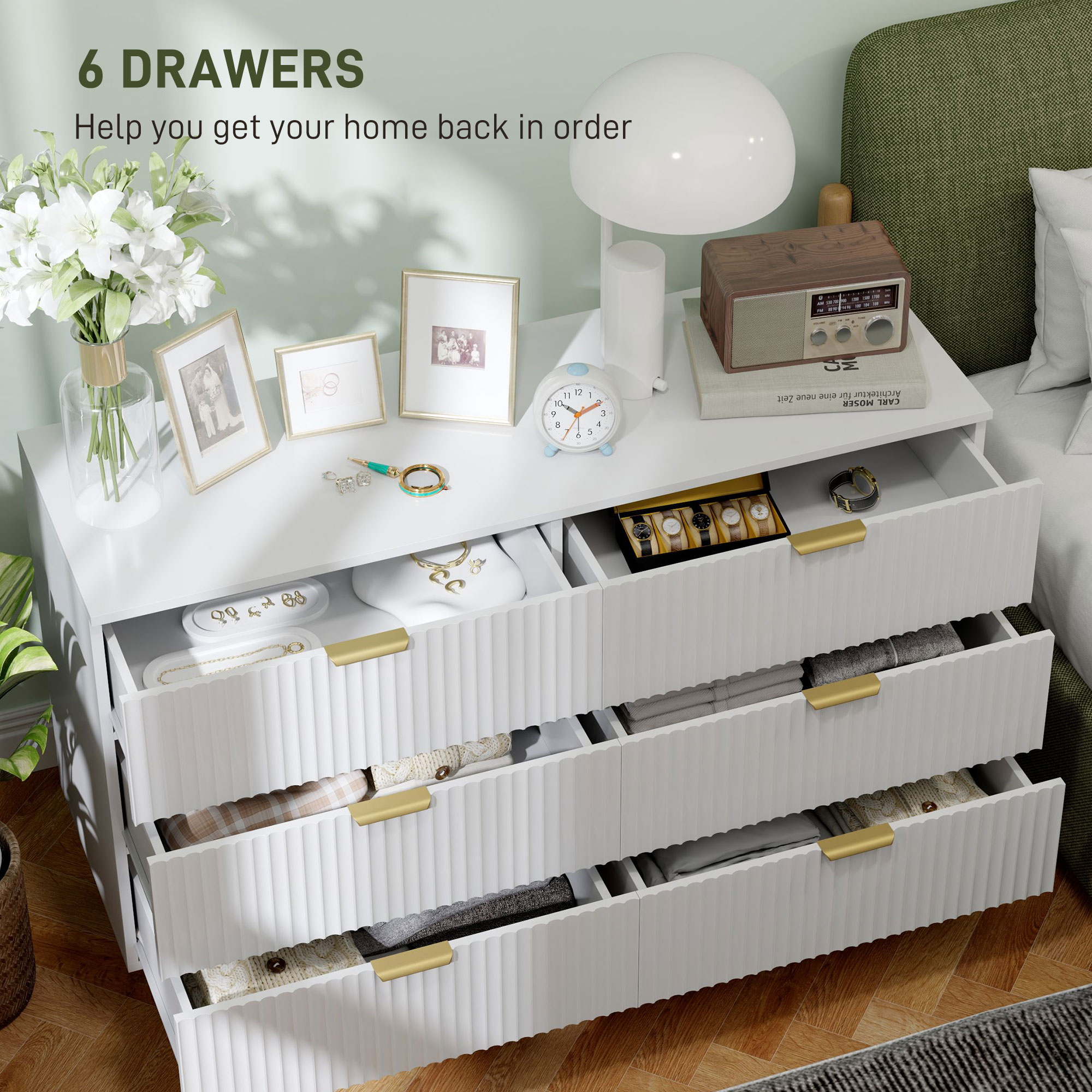 Modern Chest of Drawers 6 Drawer Dresser for Bedroom with Gold Legs and Handles, White - Image 2