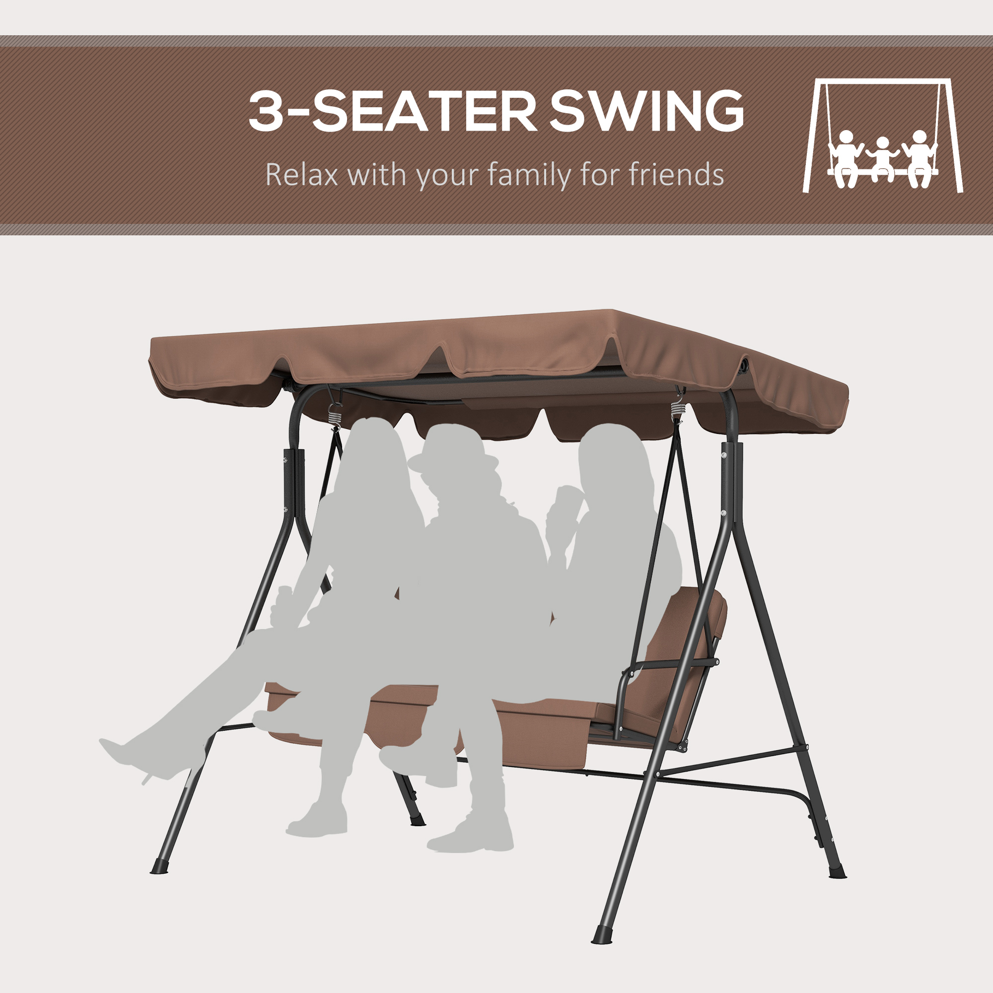 3-Seater Outdoor Porch Swing with Adjustable Canopy, Patio Swing Chair for Garden, Poolside, Backyard, Brown - Image 5
