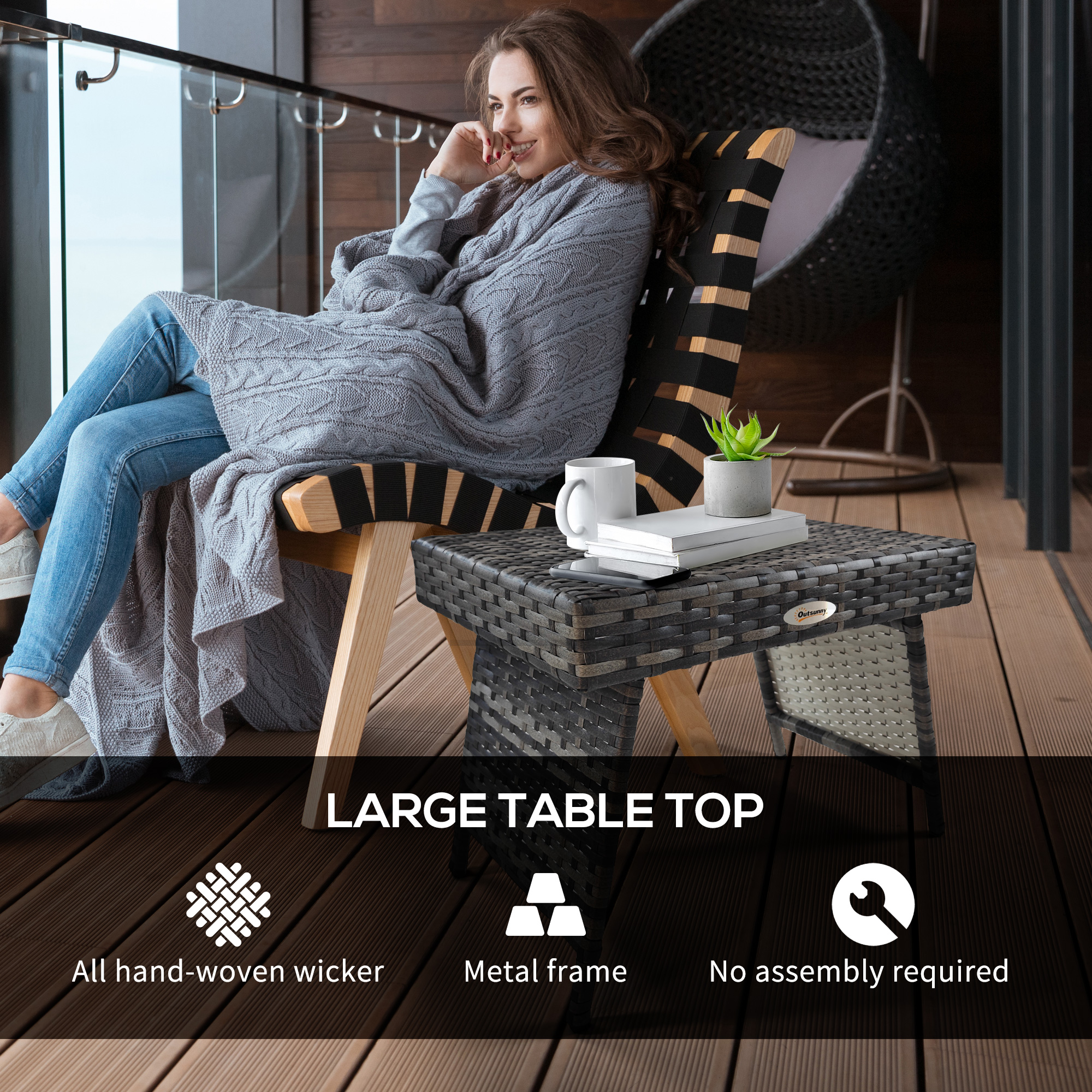 Outdoor Rattan Foldable End Table, Metal Frame Patio Wicker Table, Coffee Table Side Table for Poolside, Lawn, Garden, Mixed Grey - Image 3