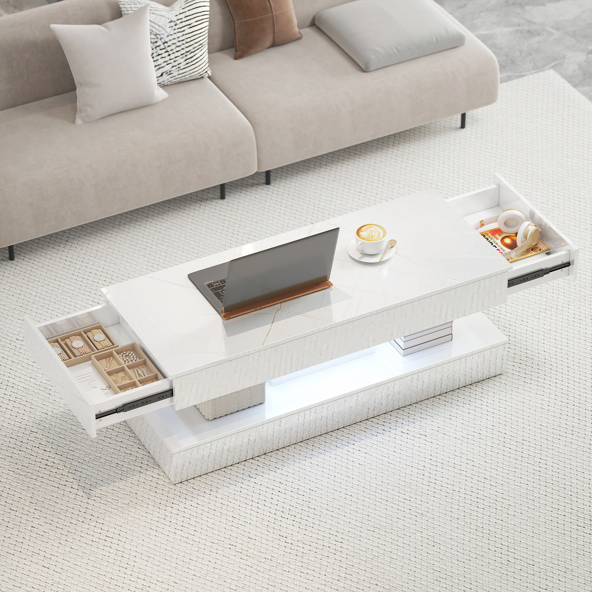 Coffee Table with Adjustable LED Lights, Center Table with 2 Drawers, Open Shelf, Remote, High Gloss Marble-Effect White - Image 5