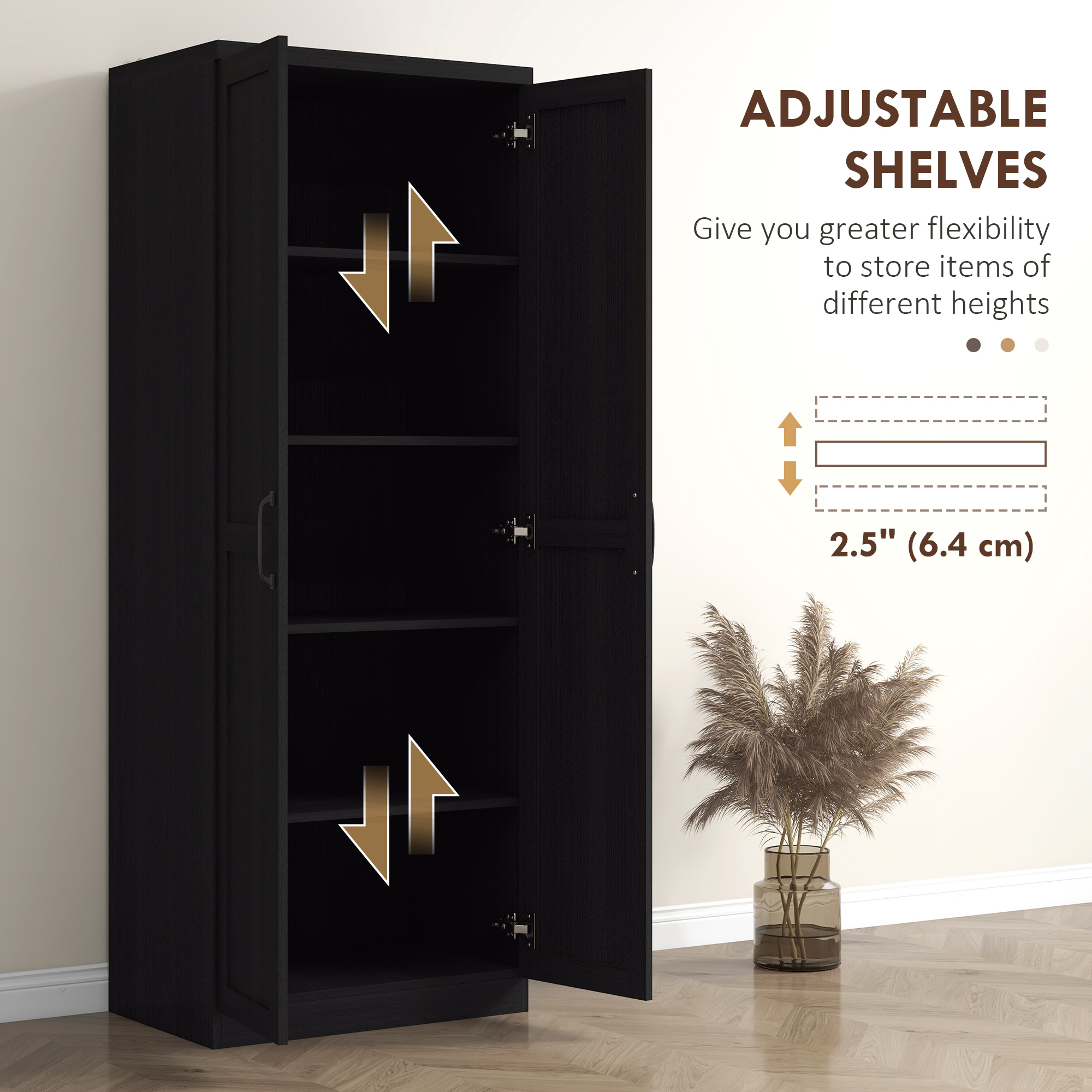 63" Kitchen Storage Cabinet, 5-tier Pantry Cabinet with Doors and Adjustable Shelves for Dining Room, Black - Image 3