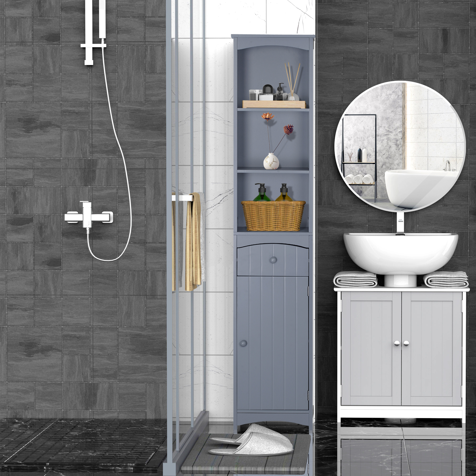 Bathroom Storage Cabinet, Tall Linen Tower with 3-Tier Shelves and Drawer and Door, Grey - Image 6