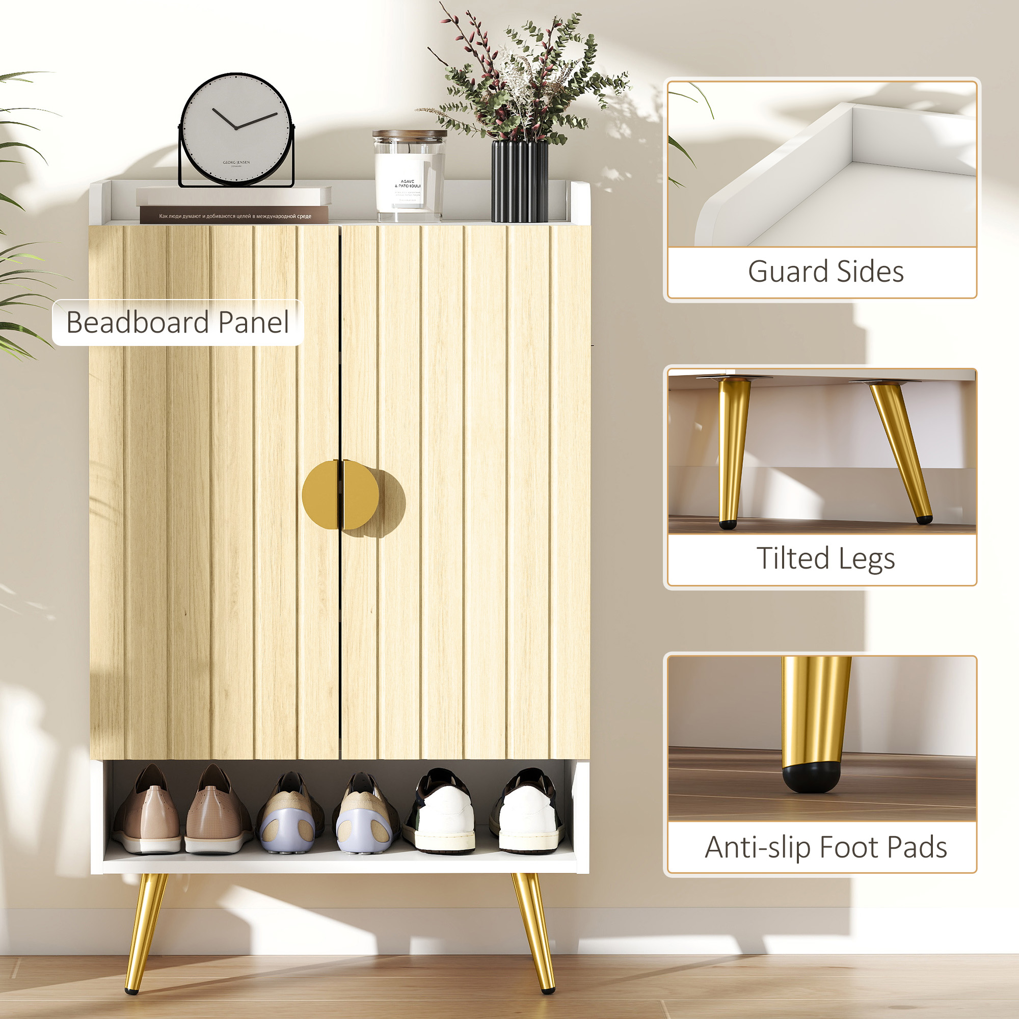 Entryway Shoe Storage Cabinet, Narrow Shoe Cabinet with Adjustable Shelves and Open Shelf for 15 Pairs of Shoes, Natural - Image 5