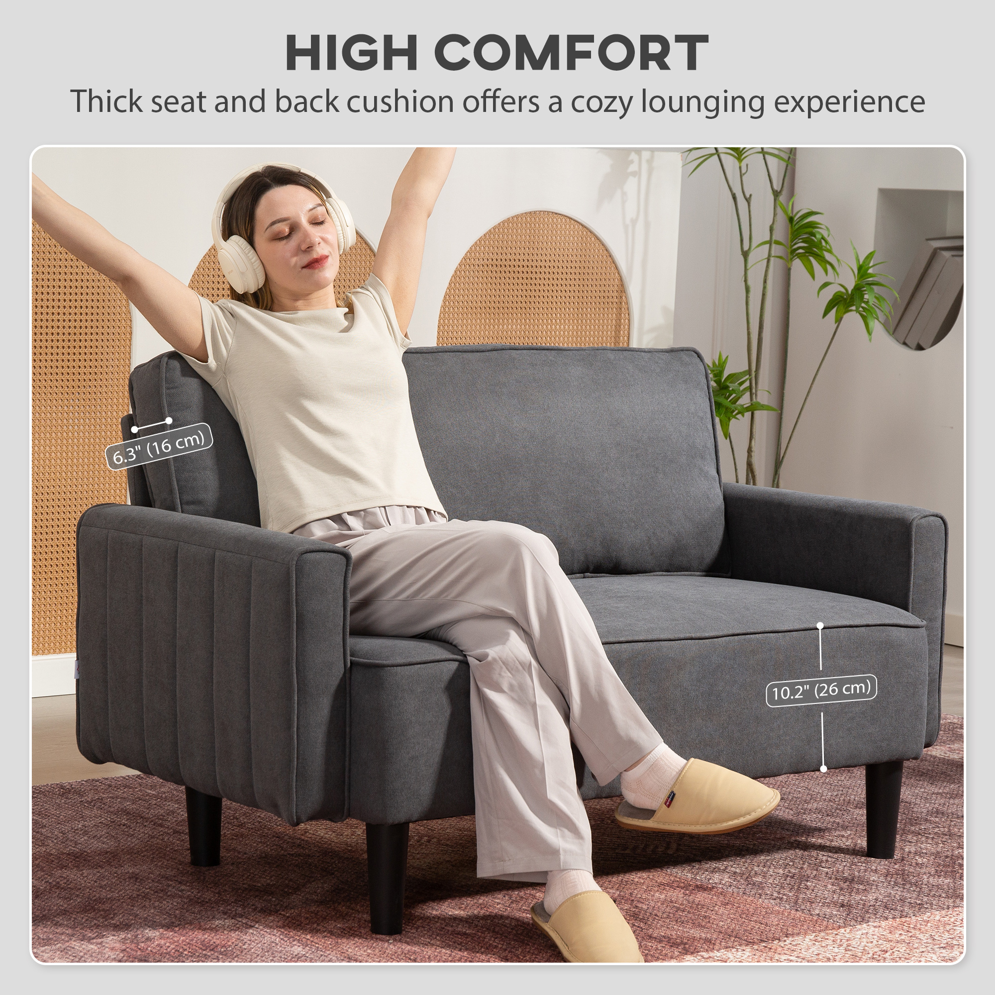 Loveseat Sofa, Linen 2 Seater Sofa Couch with Thick Padded Seat & Backrest for Living Room, Home Office, Dark Grey - Image 2