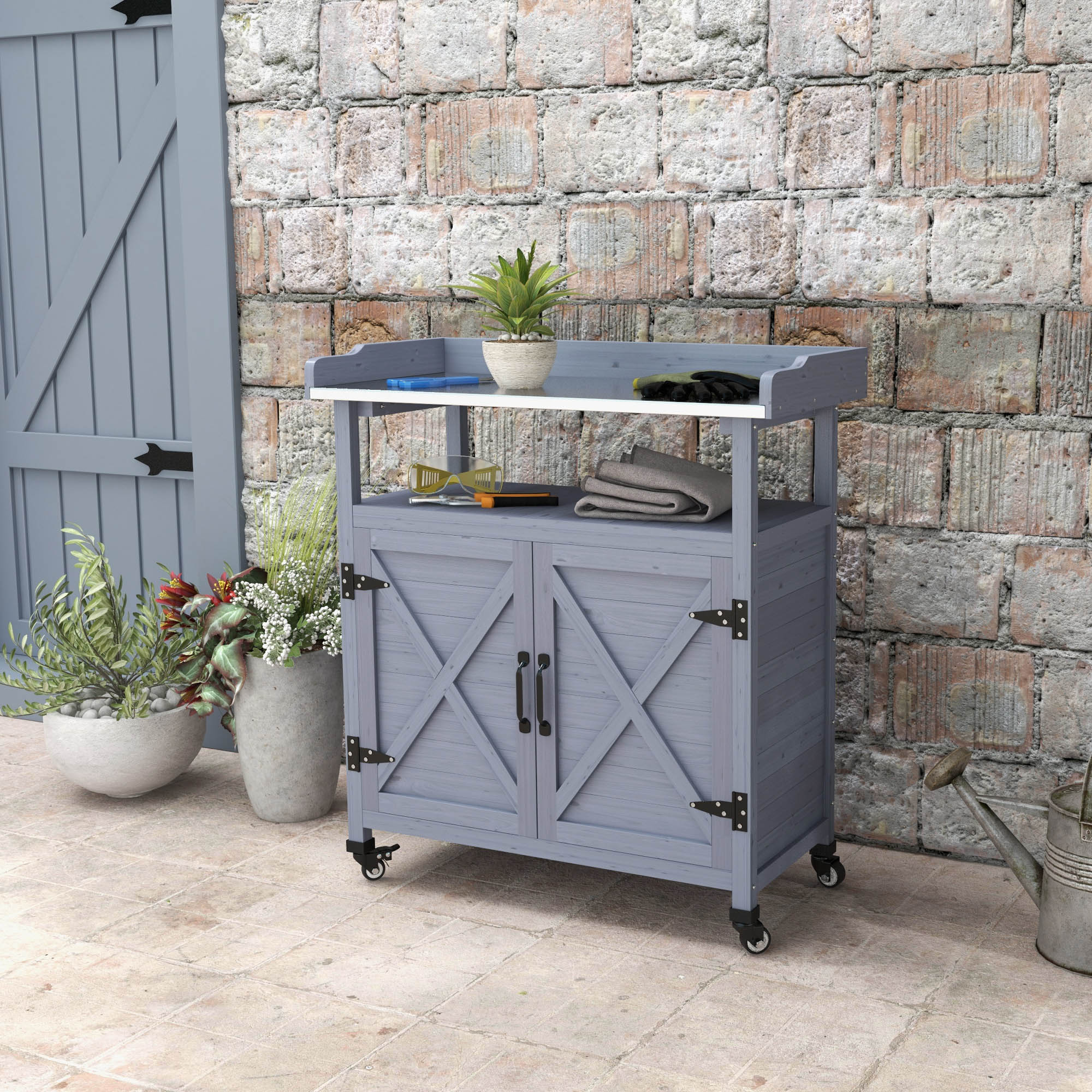 Outdoor Wooden Potting Bench with Storage Cabinet, Aluminum Tabletop, Rubber Wheels for Backyard, Patio, Balcony, Grey - Image 6