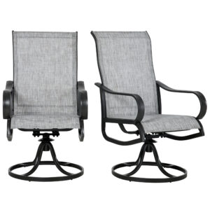2-Piece Swivel Garden Chairs, 360° Swivel Rocking Outdoor Chairs with Curved Armrests, Breathable Mesh Seat & S Shape Backrest for Yard, Lawn, Porch, Dark Grey