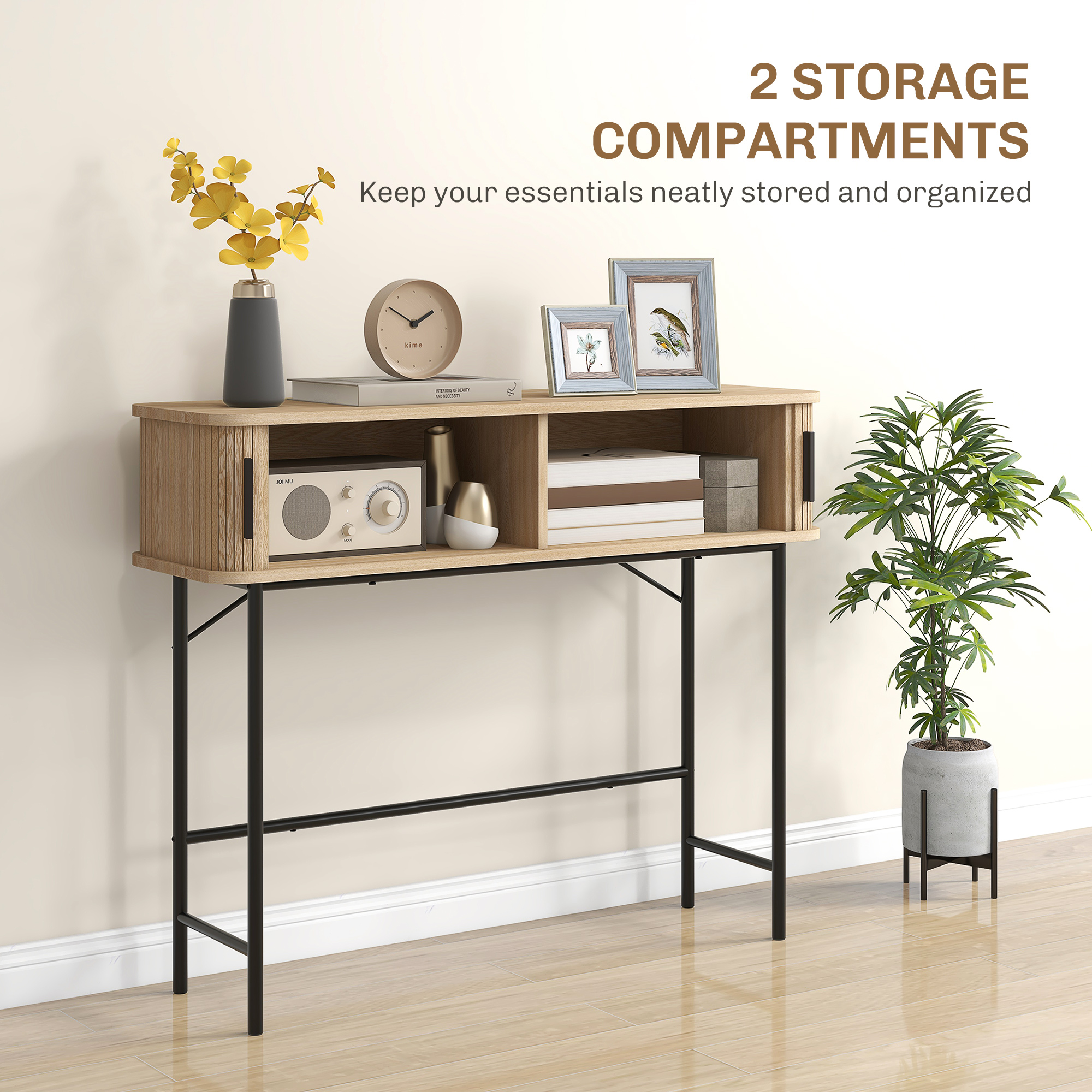 Mid-Century Entryway Table, Narrow Console Table with Storage Compartments for Behind Couch, Living Room, Oak and Black - Image 4