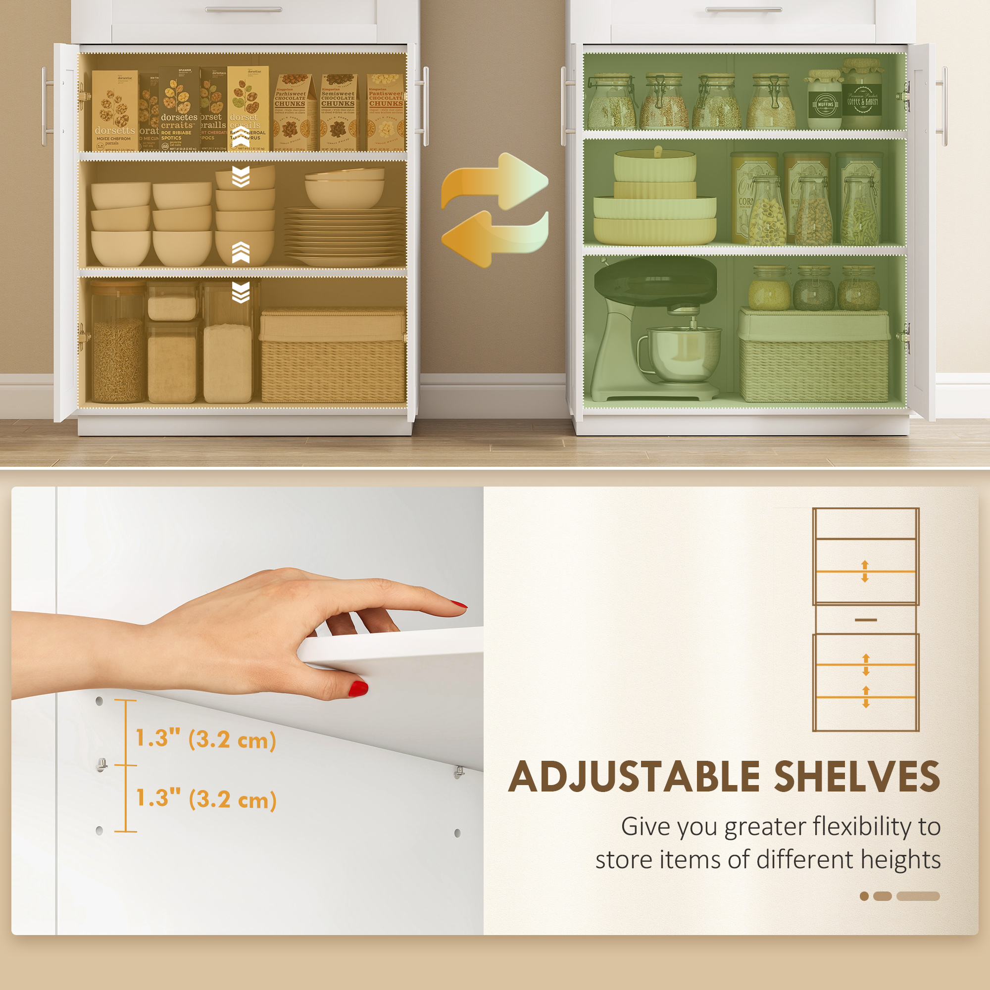 72" Storage Cabinet, Freestanding Kitchen Pantry Cabinet with 4 Doors, Drawer and 3 Adjustable Shelves, White - Image 3