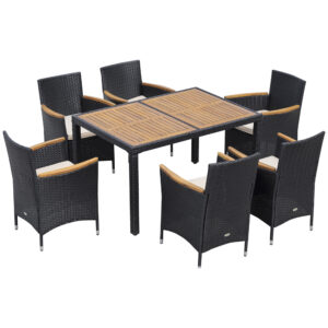 7 Pieces Outdoor Dining Set for 6, PE Wicker Rattan Patio Furniture Set with High-Back Armchairs, Glass Table Top