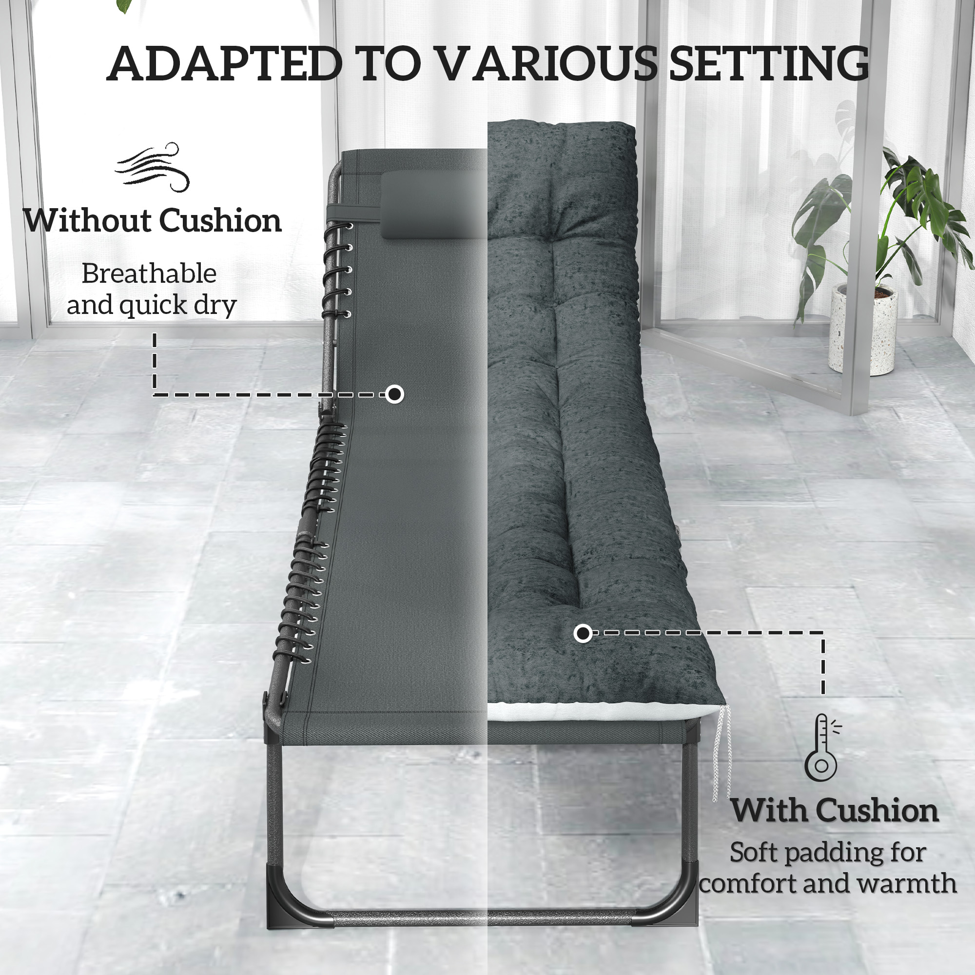 Outdoor Lounge Chair Set of 2, Folding Chaise Lounge Tanning Chair with Cushion, Side Pocket, Grey - Image 3