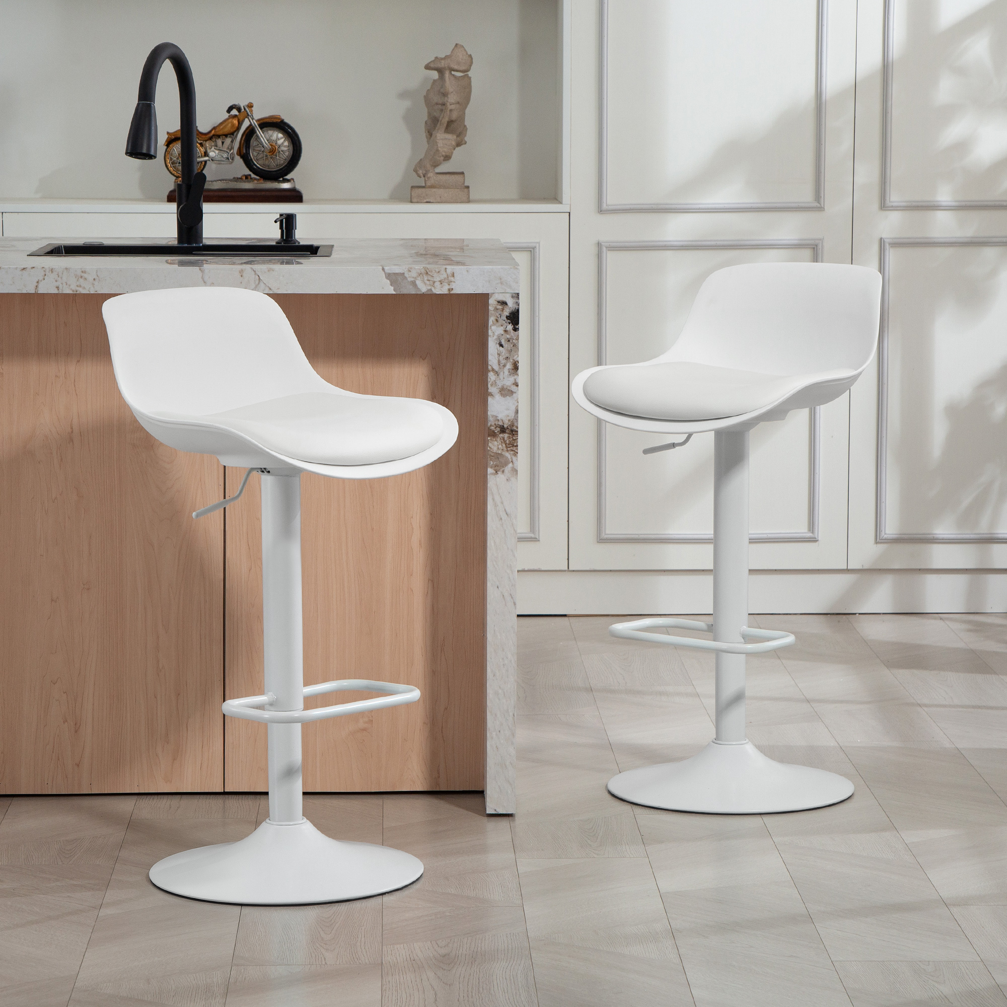 Counter Height Bar Stools Set of 2, Streamlined Bar Chairs with Adjustable Height and Swivel PU Leather Seat, White - Image 6