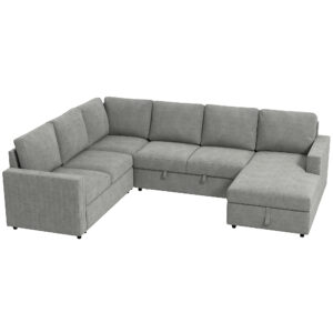 Pull Out Sofa Bed, Sleeper Sofa Couch with Hidden Storage, Chaise Lounge, Velvet Upholstery, U-Shaped Futon Couch