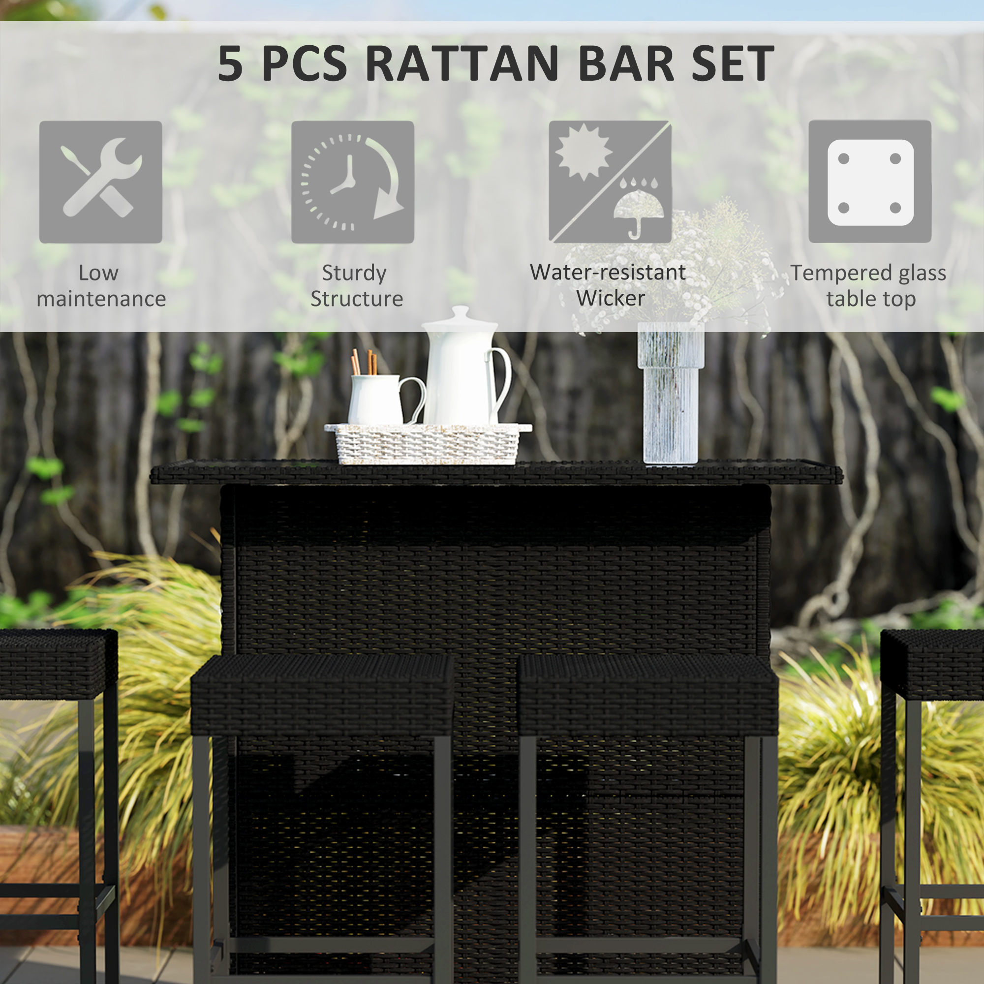 5 Pieces Patio Bar Set, Outdoor PE Rattan Wicker High Top Outdoor Table and Chairs Outdoor Bar Set with Tempered Glass Top Bar Table and Shelves, 4 Bar Chairs, Black - Image 2