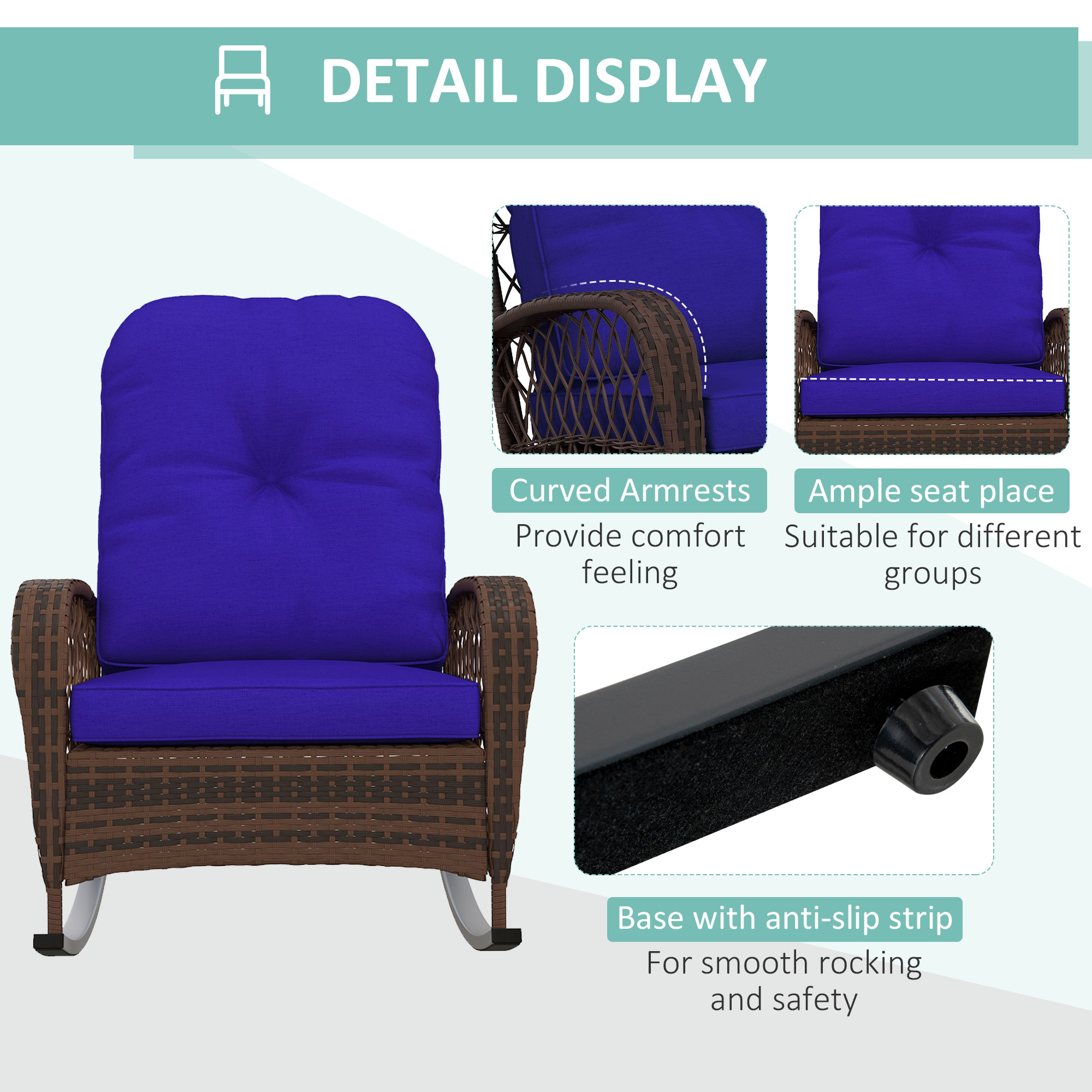 Outdoor Wicker Rattan Rocking Chair Patio Rocker with Thick Cushions for Garden Backyard Porch, Dark Blue - Image 4