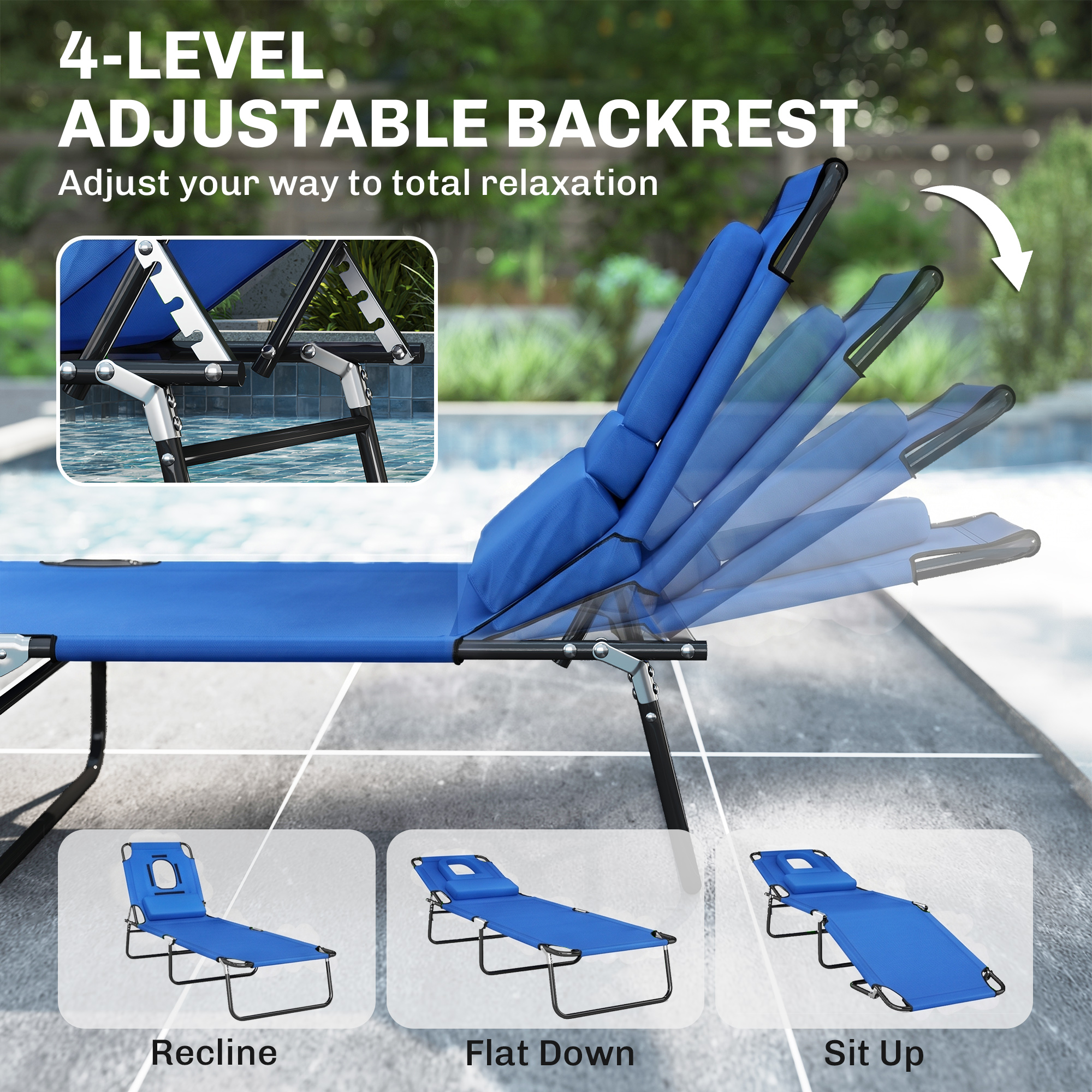 Folding Chaise Lounge Chair, Reclining Beach Tanning Chair with Face Hole, Pillow, 4-Position Adjustable Lay Flat Sun Lounger, Steel Frame for Outdoor Patio Pool, Blue - Image 3
