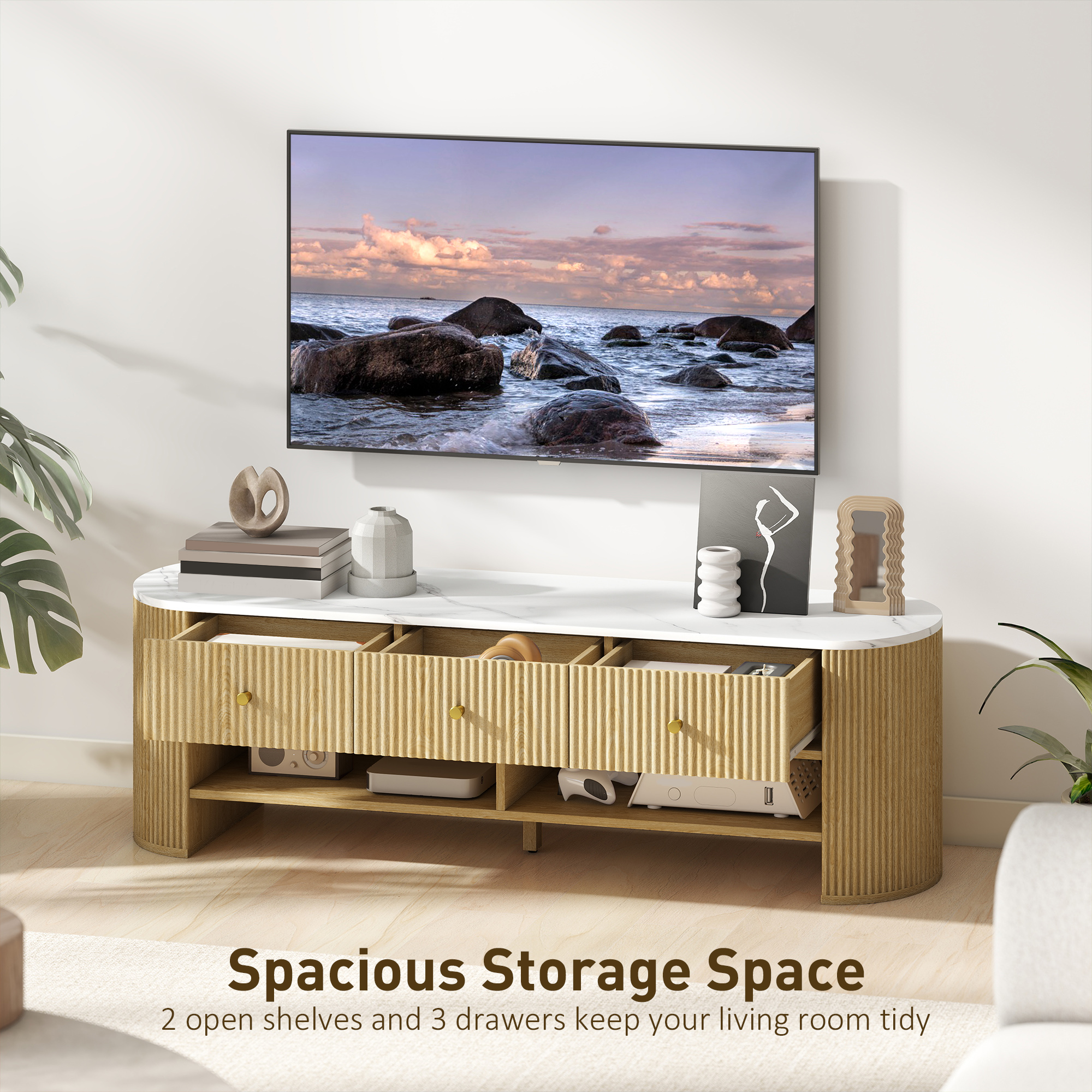 TV Stand, Modern TV Table with Marble-Effect Top, 3 Drawers and 2 Open Shelves for 32-65 Inch Television, Natural - Image 3