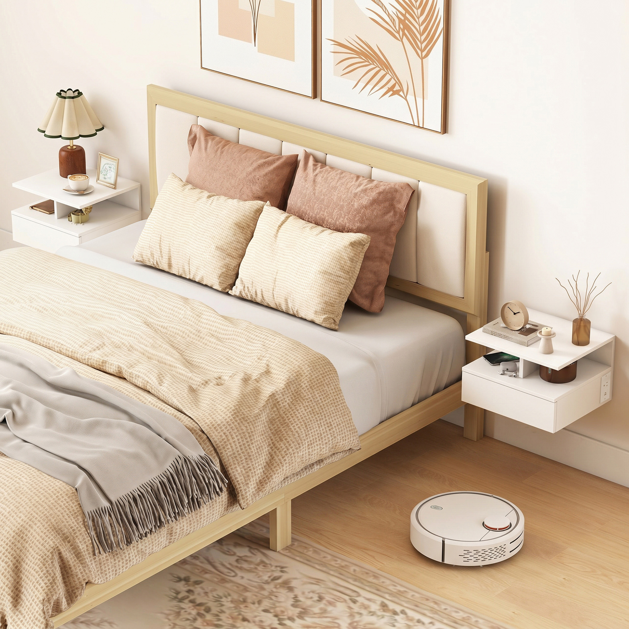 Floating Nightstand Set of 2, Wall Mounted Bedside Table with with Power Outlets, Drawer and Shelf, White - Image 6