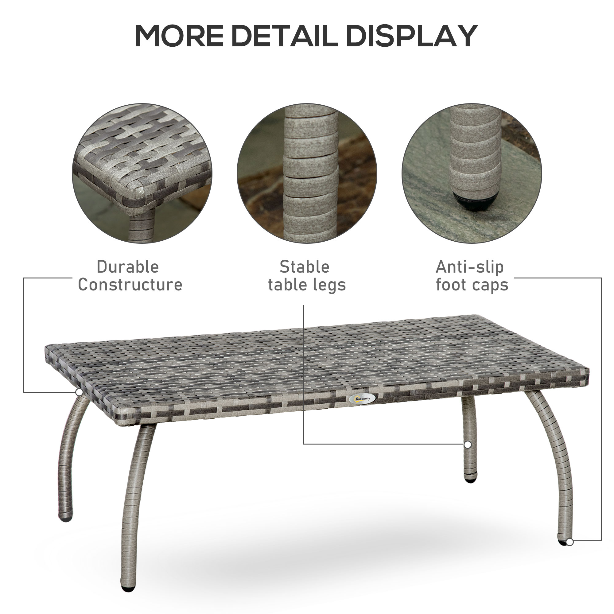 Rattan Coffee Table Outdoor Side Table, 35.4" x 19.7" Small Wicker Patio Furniture with All-Weather PE for Garden, Balcony, Backyard, Poolside, Grey - Image 4