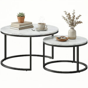 Modern Coffee Table Set of 2, Nesting Side Tables w/ Metal Base for Living Room Bedroom Office Marble White