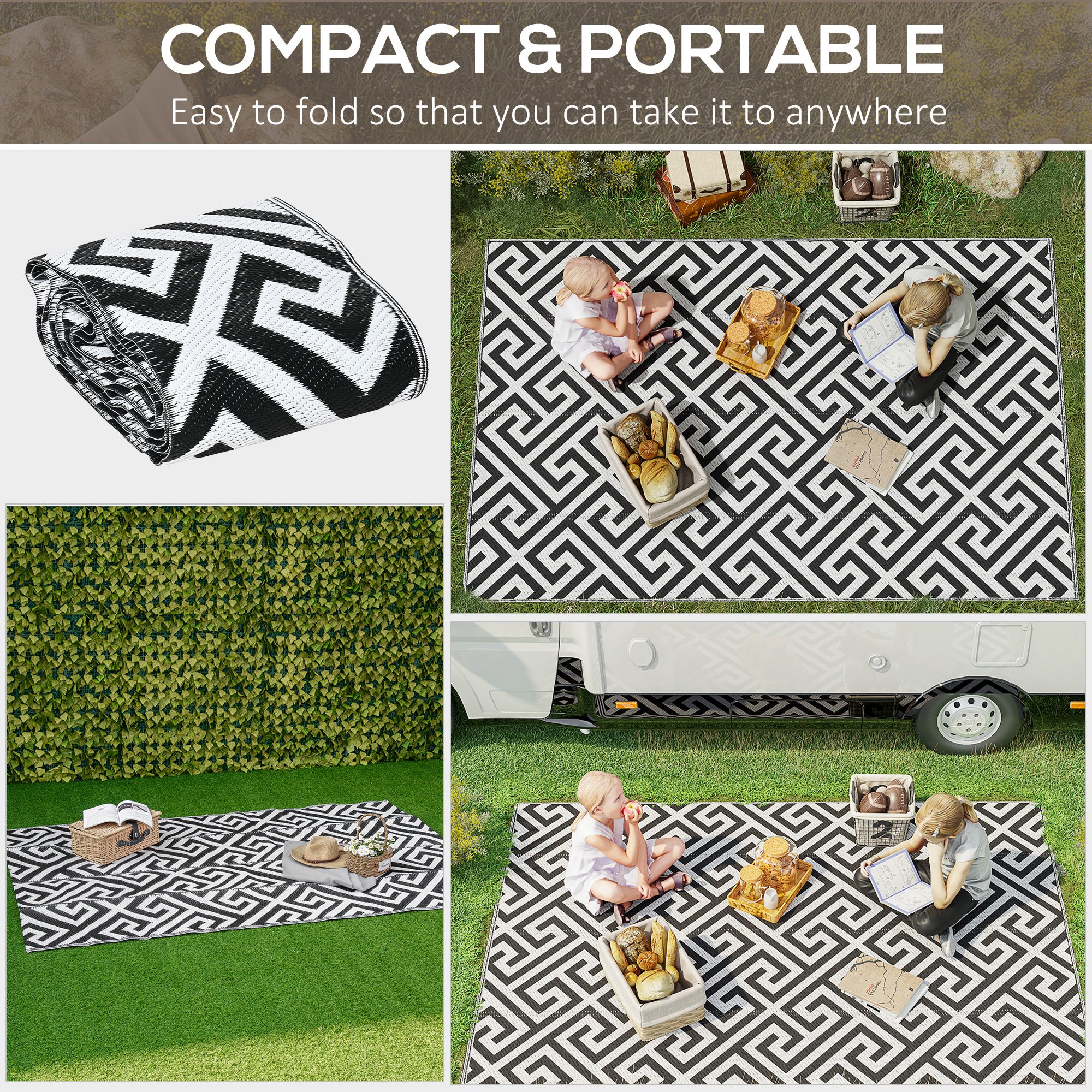 Reversible Outdoor RV Rug, Patio Floor Mat, 5' x 8' Plastic Straw Rug for Backyard, Deck, Beach, Camping, Black & White - Image 2