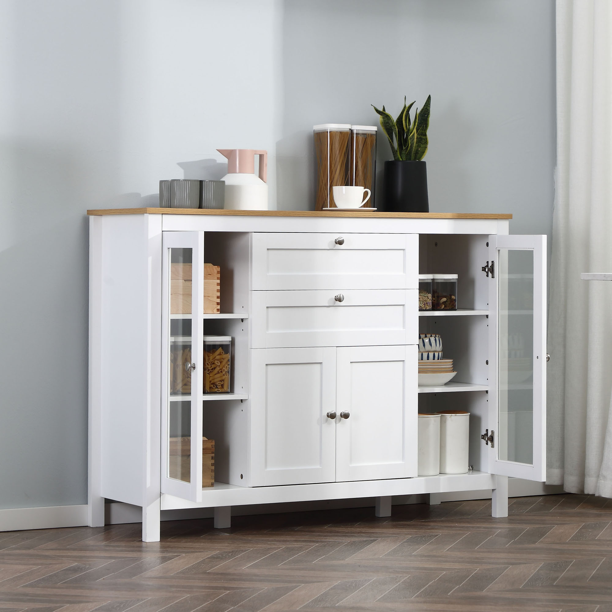 Buffet Cabinet Sideboard with 2 Drawers, 3 Storage Cabinets, Glass Doors and Adjustable Shelves, White - Image 6