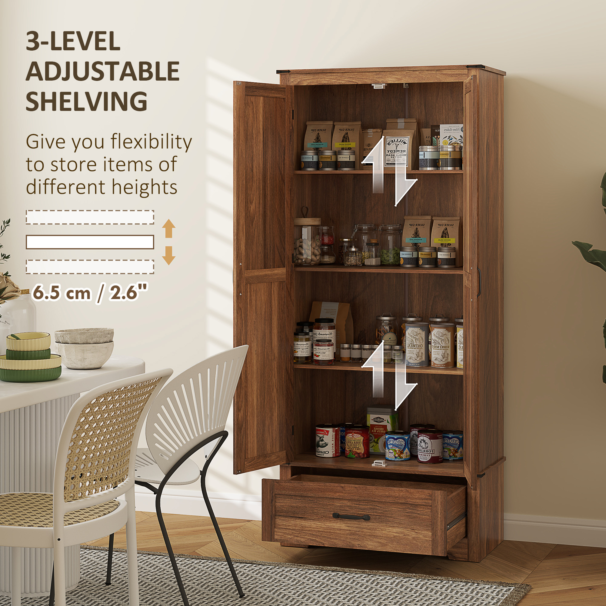 72" Farmhouse Pantry Cabinet with Adjustable Shelves, Kitchen Pantry Cabinet with 2 Doors, Brown - Image 3