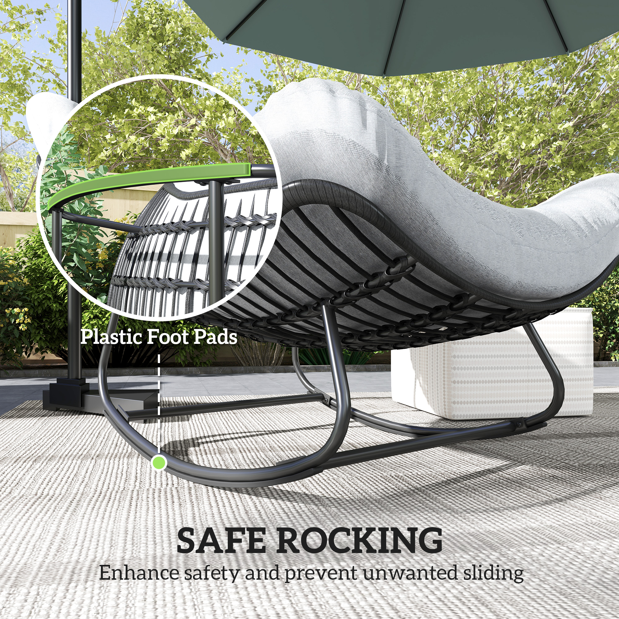 Oversized Rattan Patio Egg Chair, Outdoor Rocking Chair with Padded Cushion for Indoor, Porch, Grey - Image 5