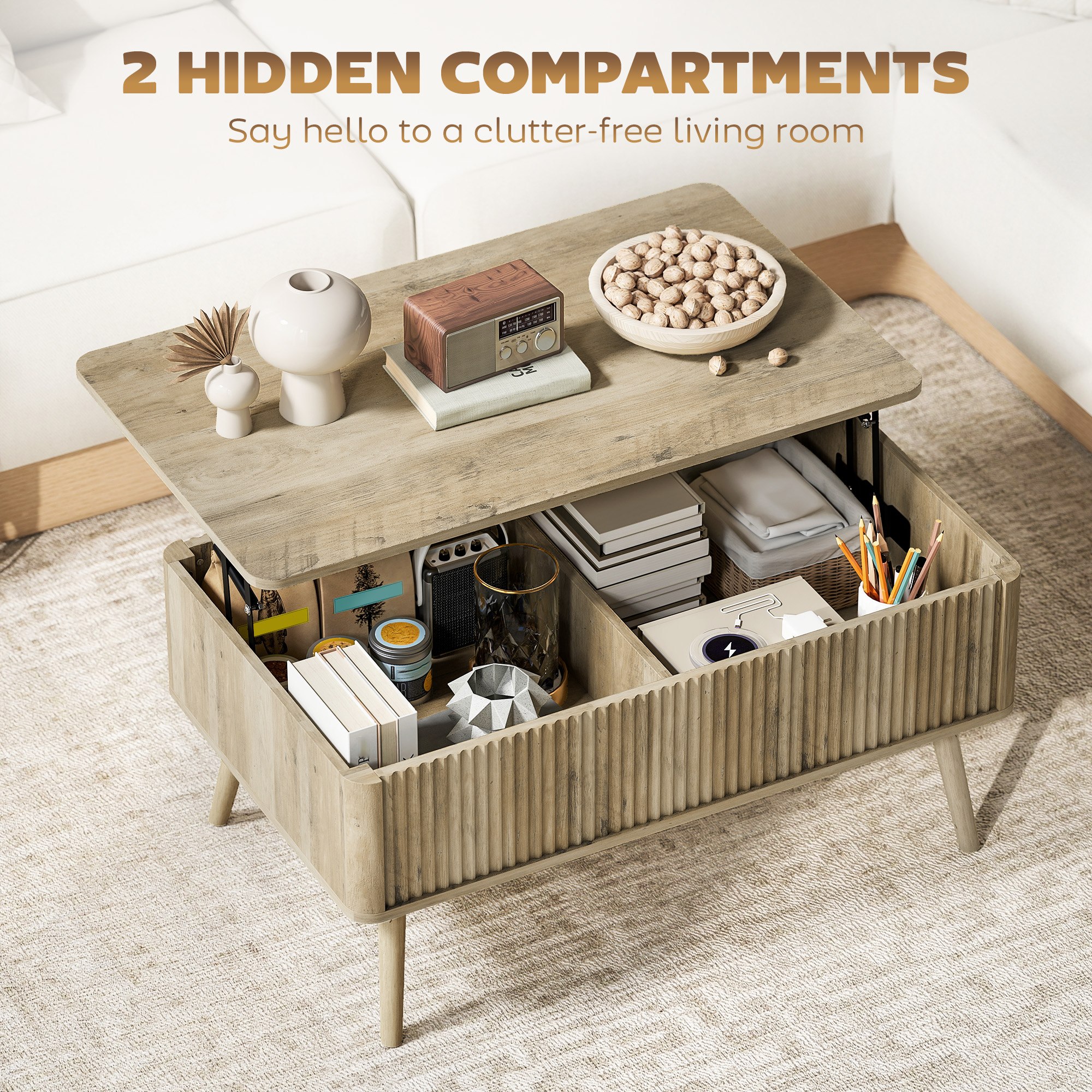 Lift Top Coffee Table with Storage, Center Table with Hidden Compartments and Pine Wood Legs for Living Room, Oak - Image 3