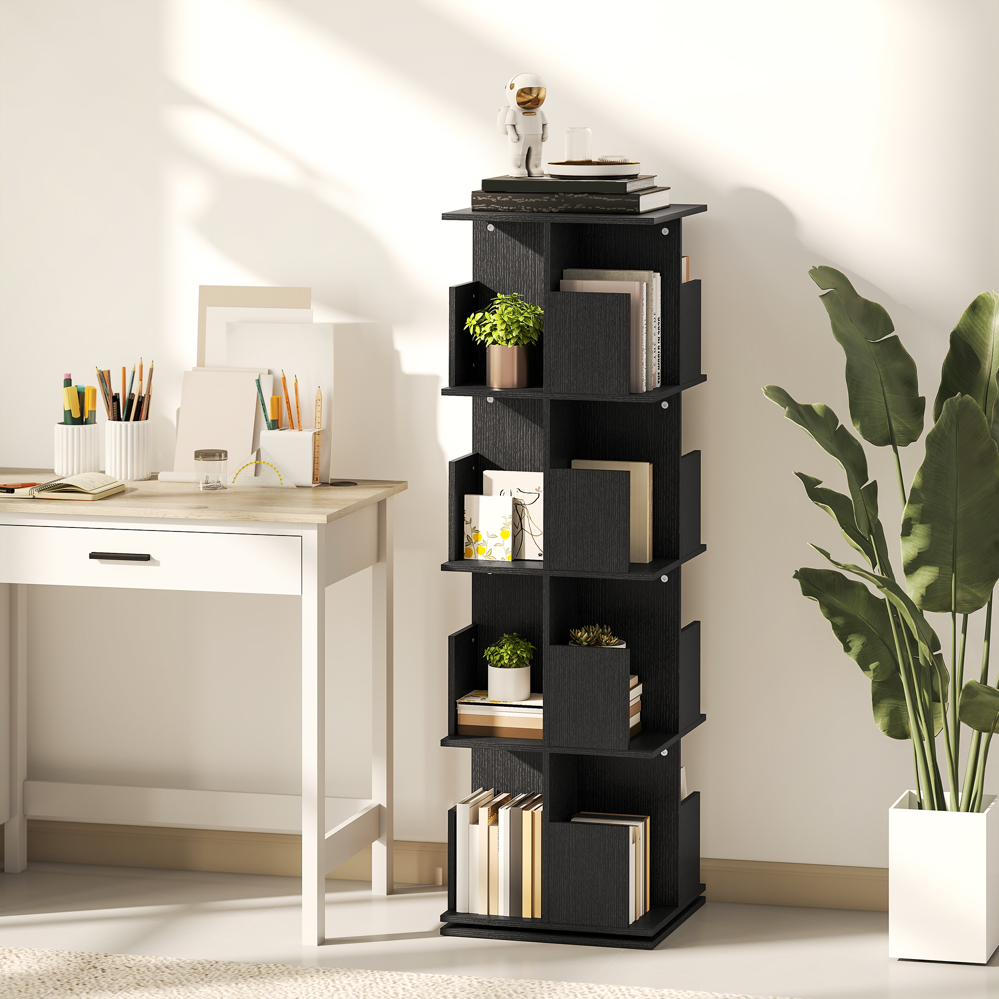 360° Rotating Bookcase with Anti-Tipping Straps, Anti-Slip Foot Pads, 4 Tier Bookshelf with 16 Cubbies for Books, Plants, Decorations, Black - Image 6